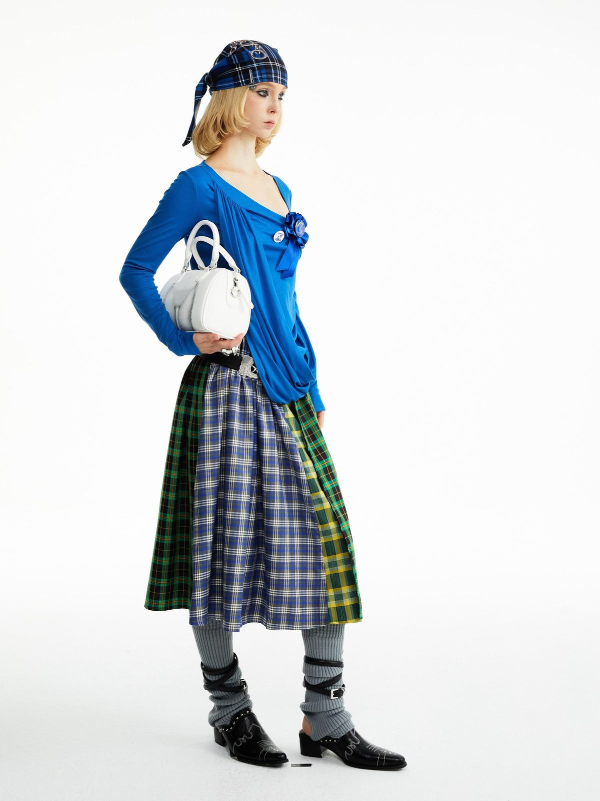 YOSHUYUKI Blue Green Plaid Ruched Spliced Women&