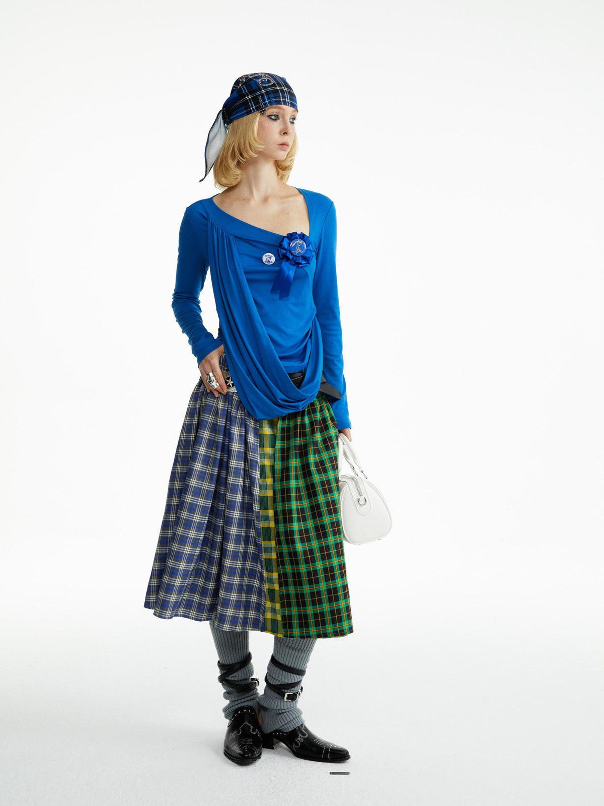 YOSHUYUKI Blue Green Plaid Ruched Spliced Women&