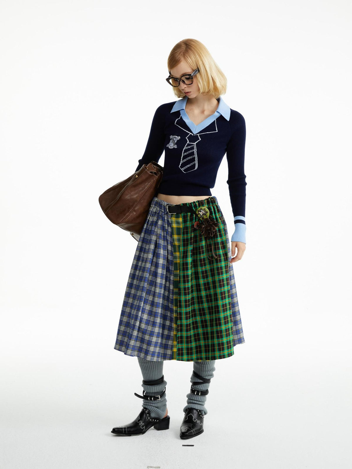 YOSHUYUKI Blue Green Plaid Ruched Spliced Women&
