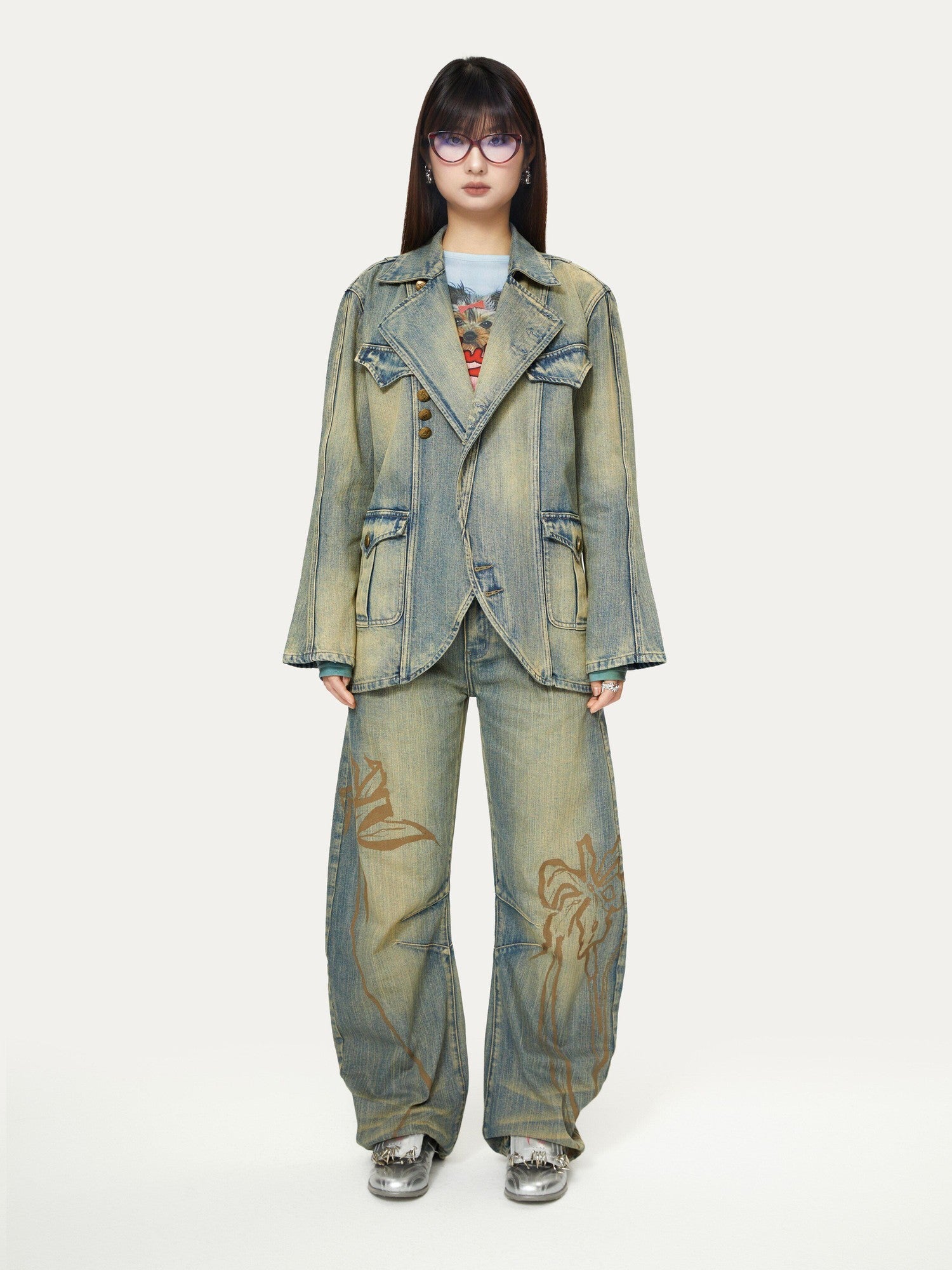 YOSHUYUKI Blue Green Reconstructed Distressed Print Curved Cut Women&