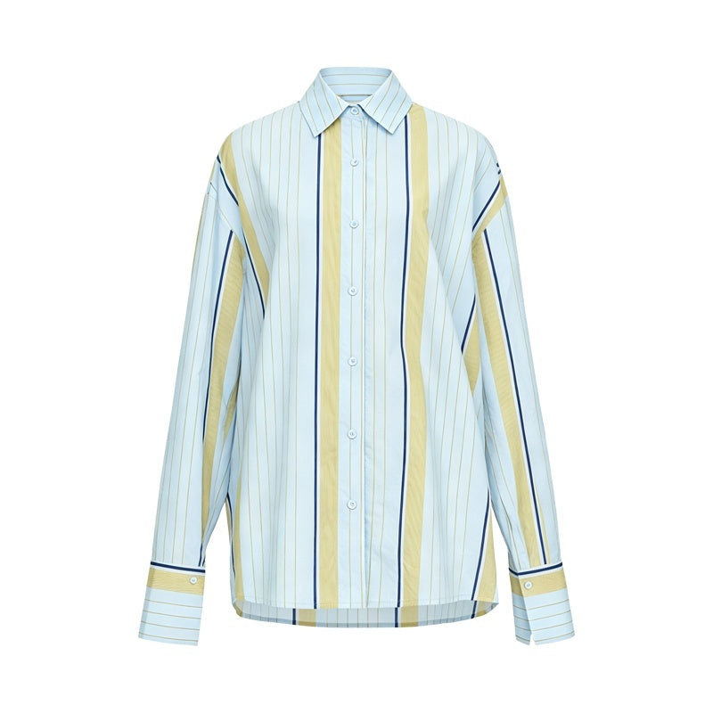 YOSHUYUKI_Blue_Yellow_Color_Block_Striped_Loose_Fit_Cotton_Women&
