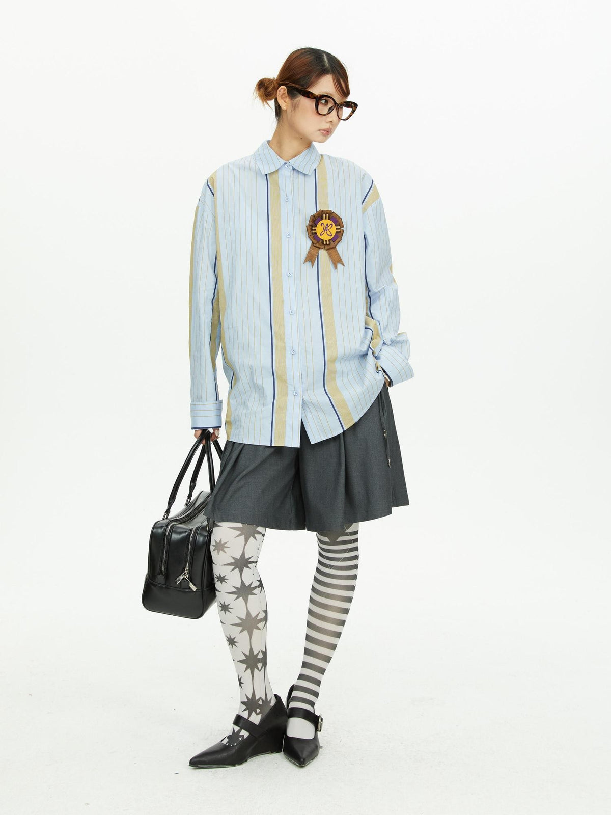 YOSHUYUKI Blue Yellow Color Block Striped Loose Fit Cotton Women&