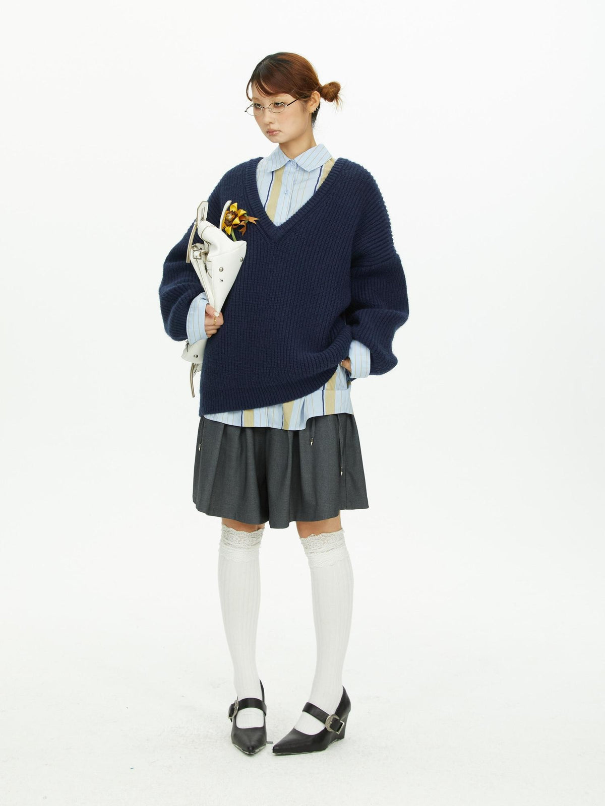 YOSHUYUKI Blue Yellow Color Block Striped Loose Fit Cotton Women&