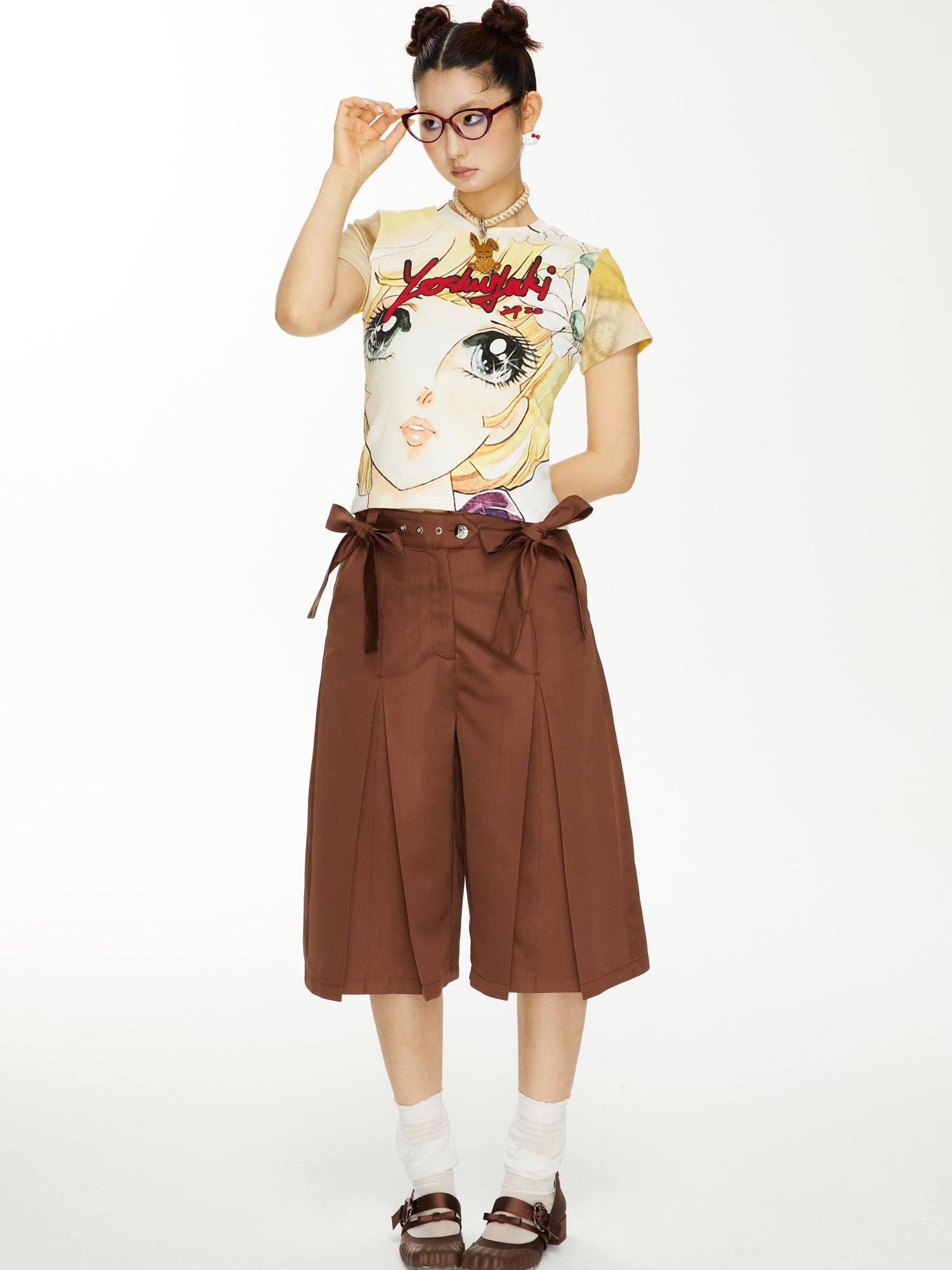 YOSHUYUKI Brown Satin Bow Pleated Trousers