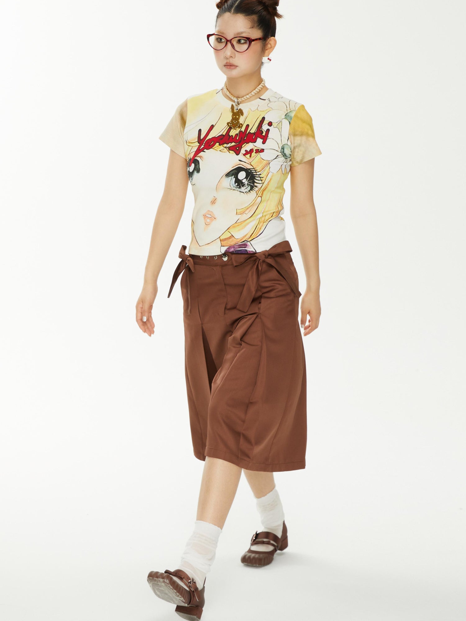 YOSHUYUKI Brown Satin Bow Pleated Trousers