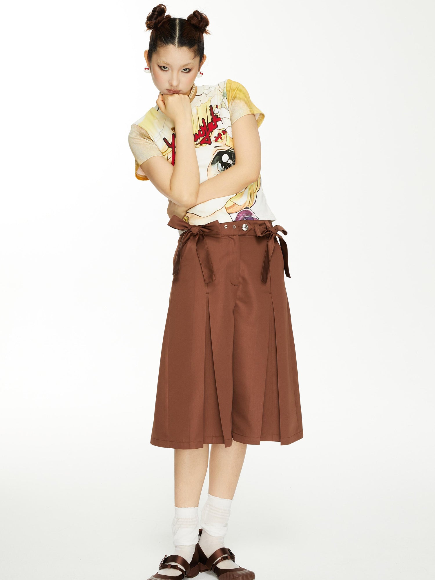 YOSHUYUKI Brown Satin Bow Pleated Trousers