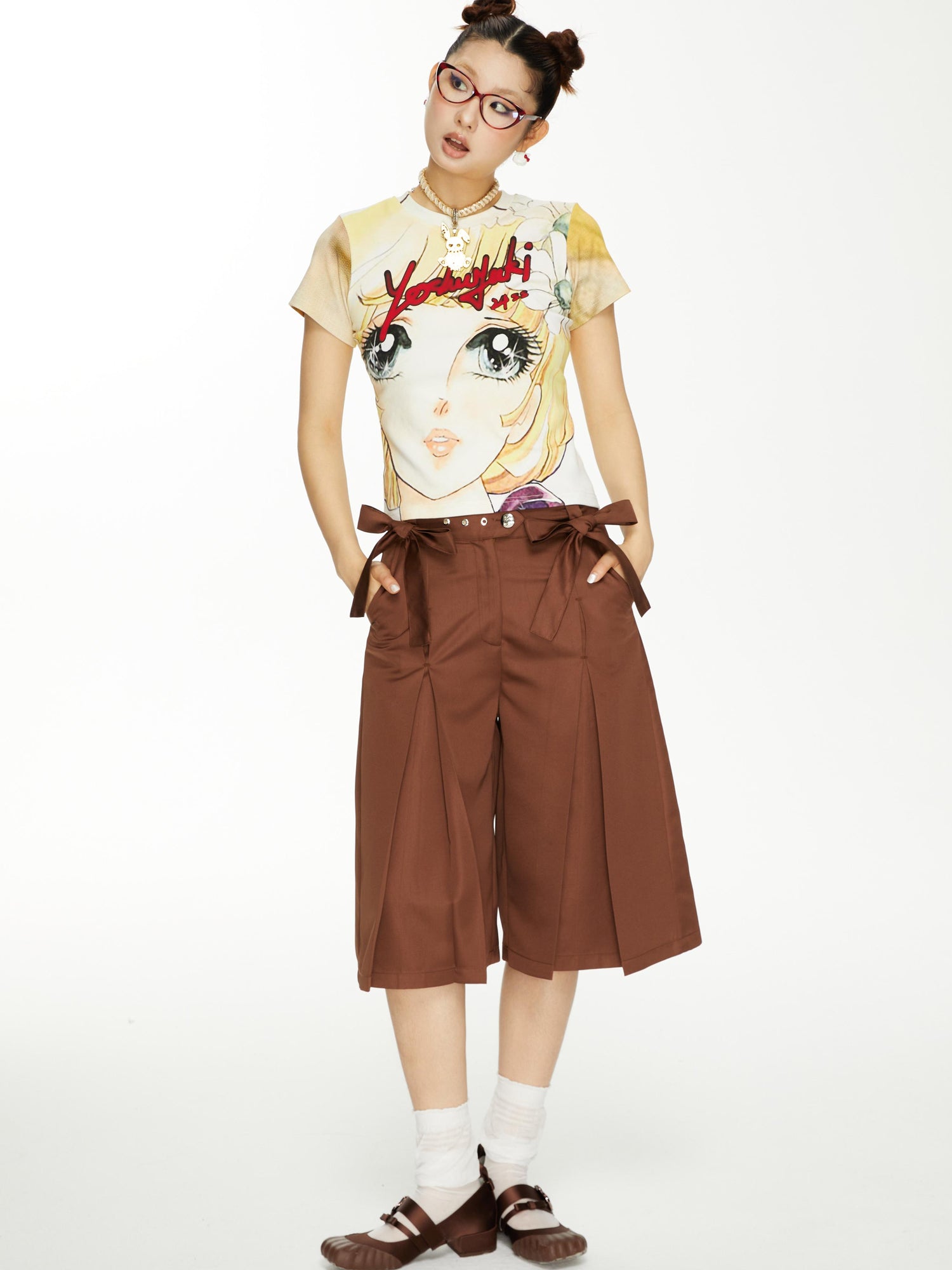 YOSHUYUKI Brown Satin Bow Pleated Trousers
