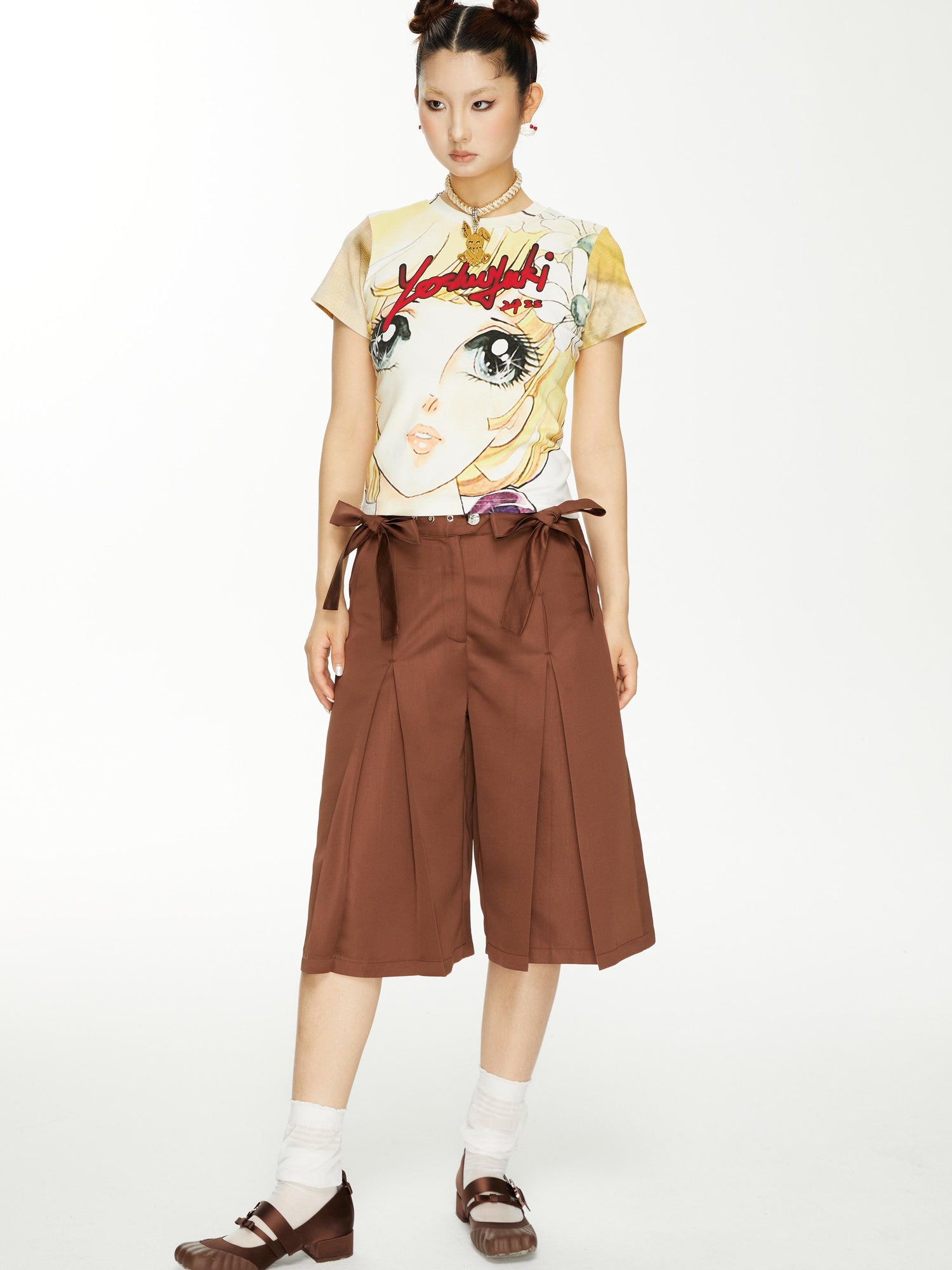 YOSHUYUKI Brown Satin Bow Pleated Trousers