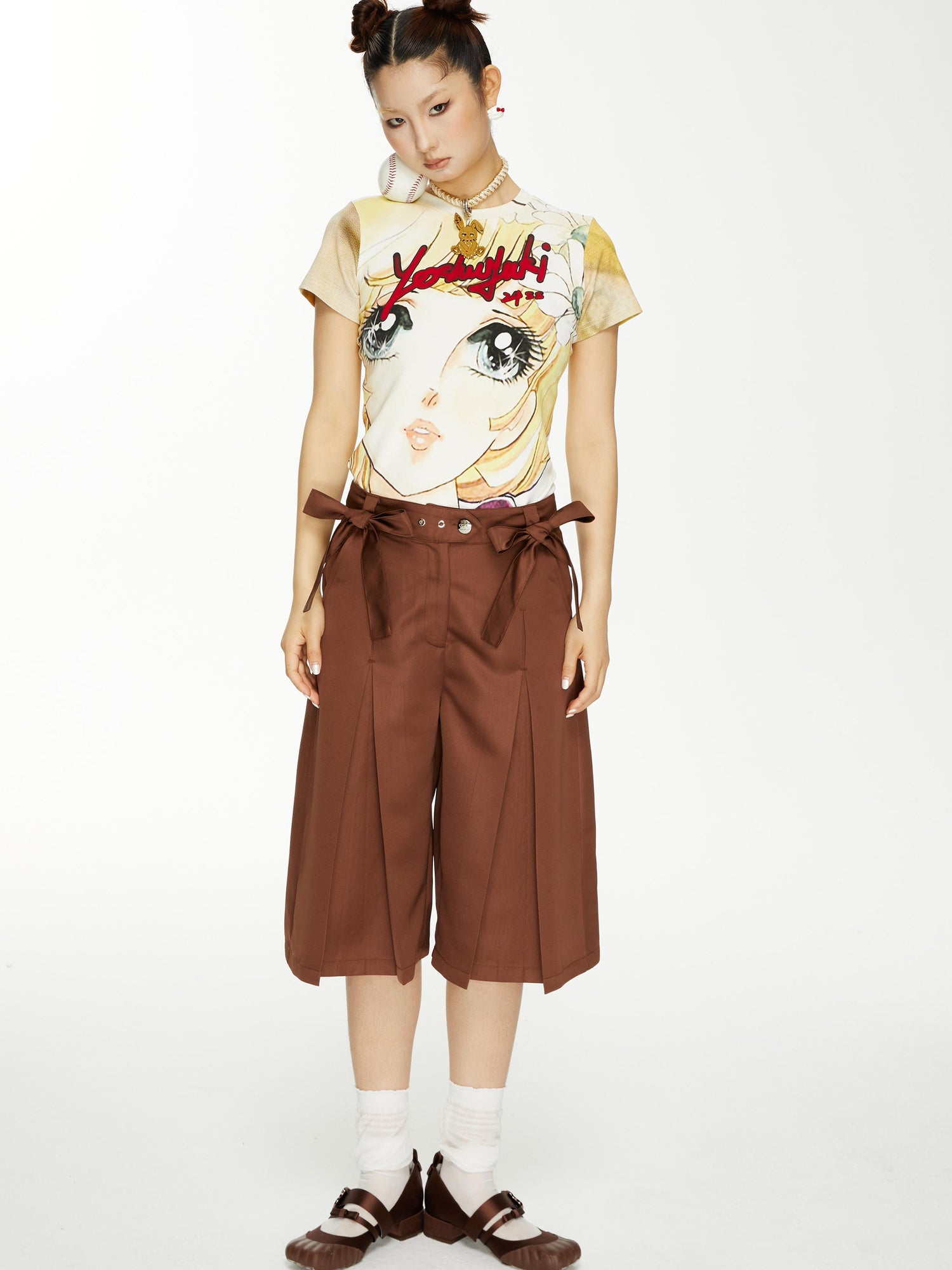 YOSHUYUKI Brown Satin Bow Pleated Trousers