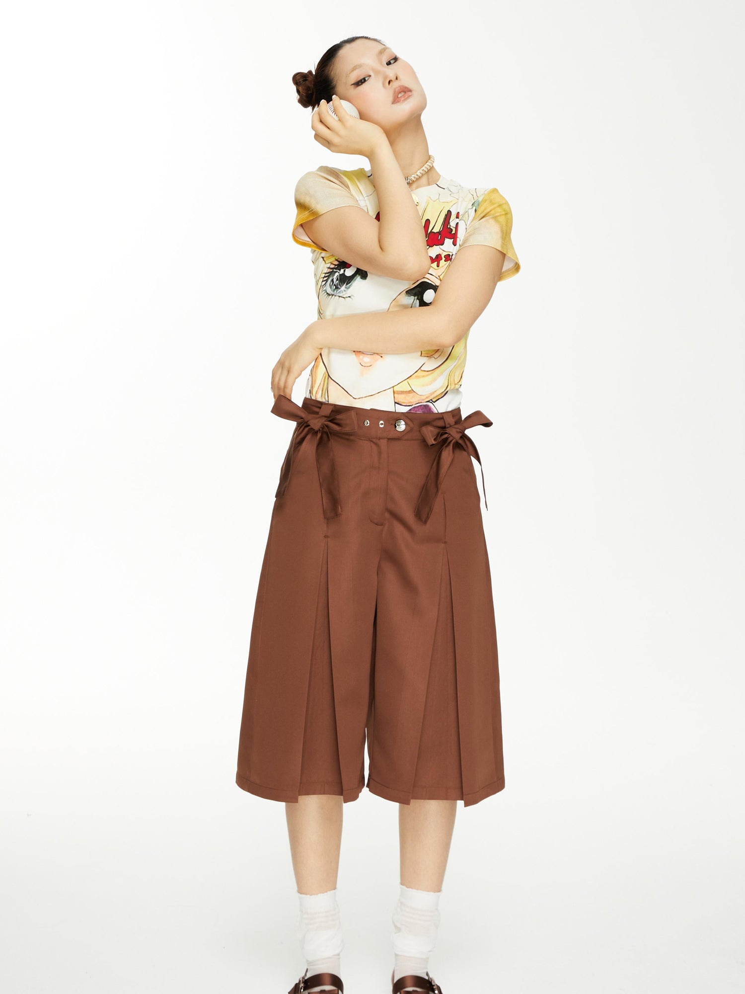 YOSHUYUKI Brown Satin Bow Pleated Trousers