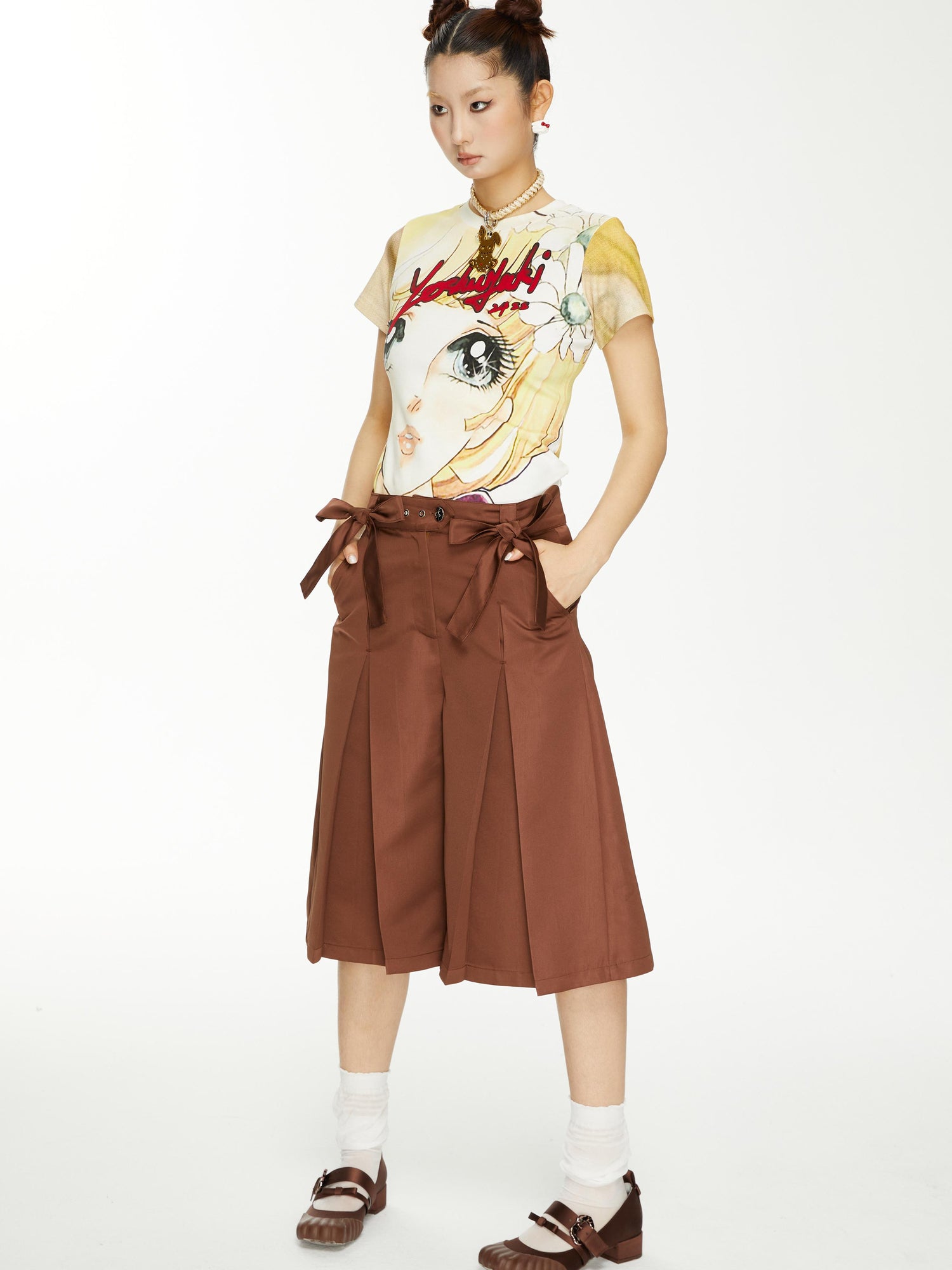 YOSHUYUKI Brown Satin Bow Pleated Trousers
