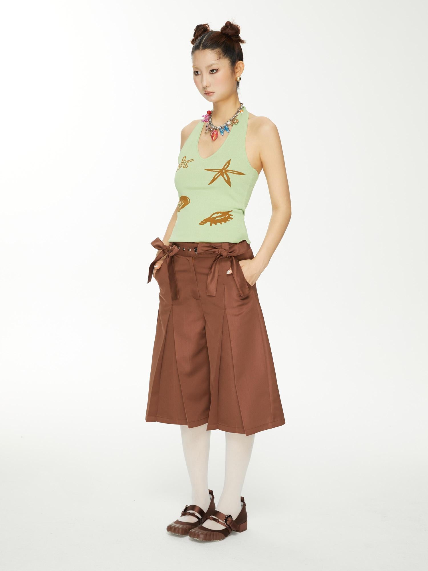 YOSHUYUKI Brown Satin Bow Pleated Trousers