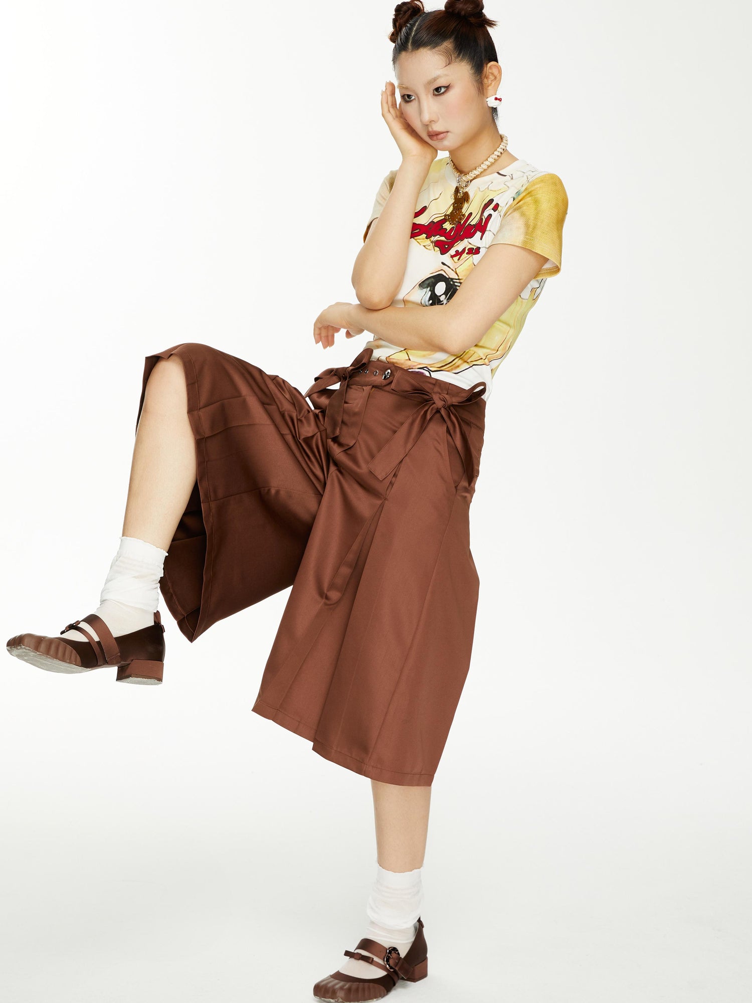 YOSHUYUKI Brown Satin Bow Pleated Trousers