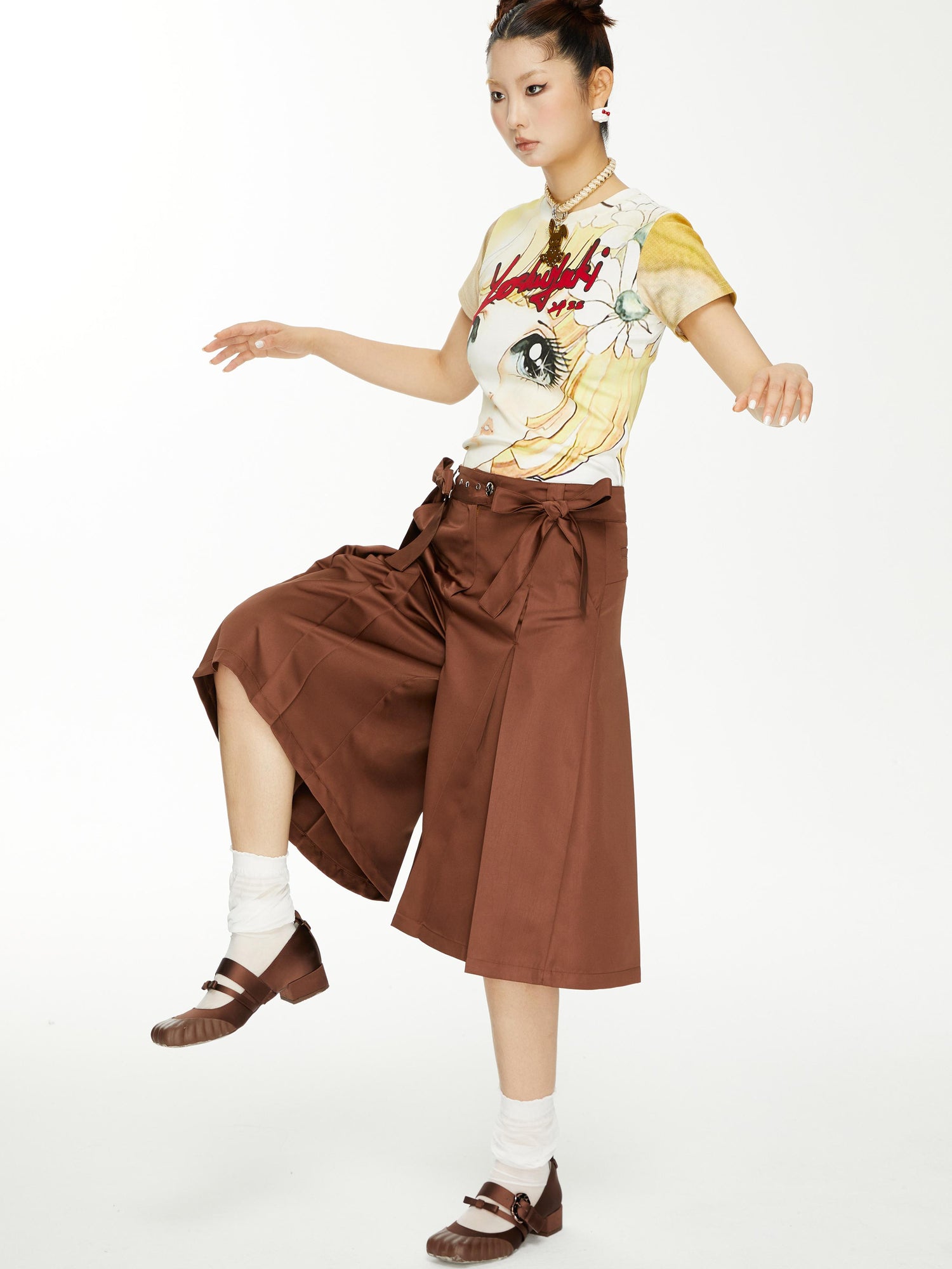 YOSHUYUKI Brown Satin Bow Pleated Trousers