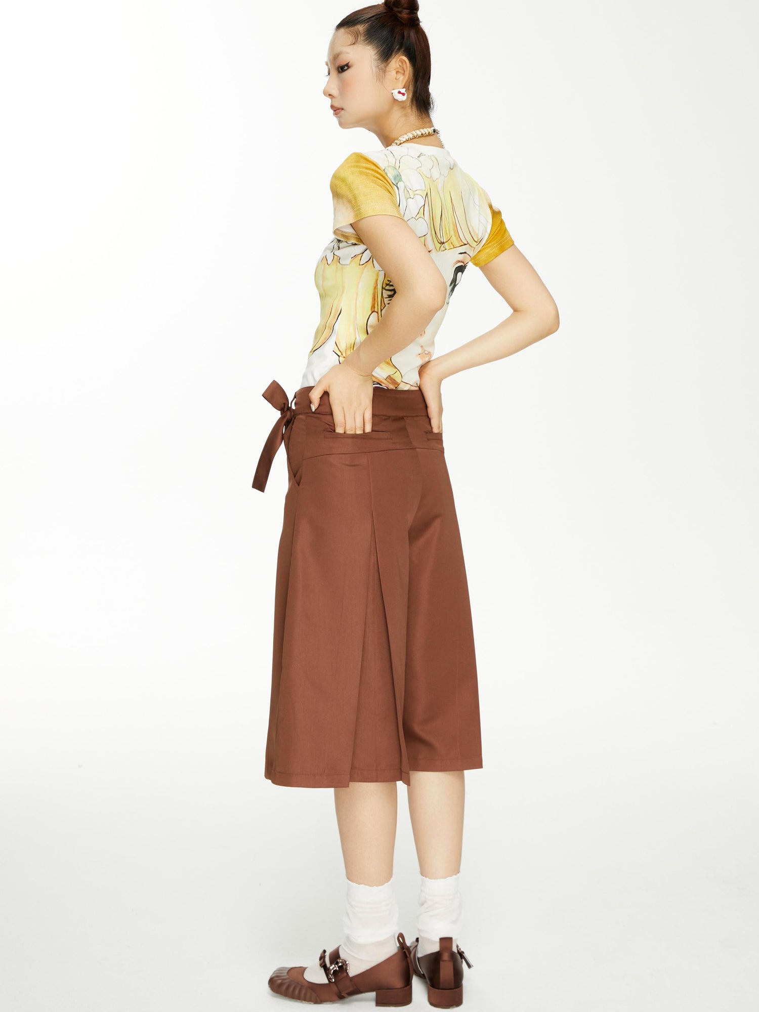 YOSHUYUKI Brown Satin Bow Pleated Trousers