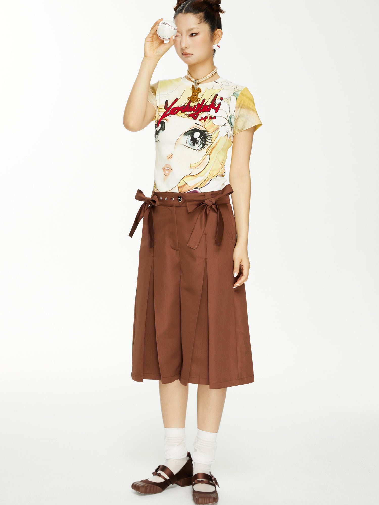 YOSHUYUKI Brown Satin Bow Pleated Trousers