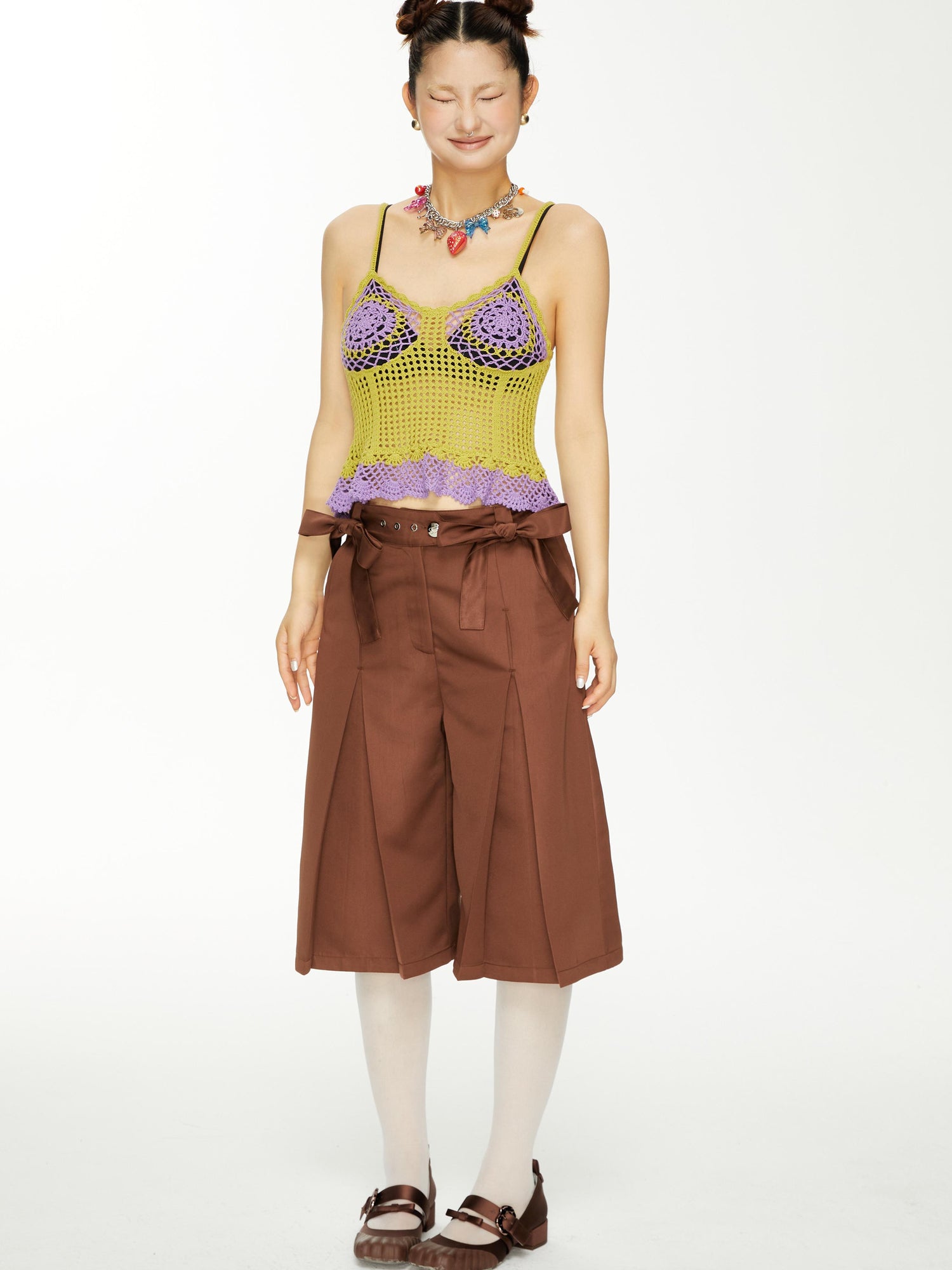 YOSHUYUKI Brown Satin Bow Pleated Trousers