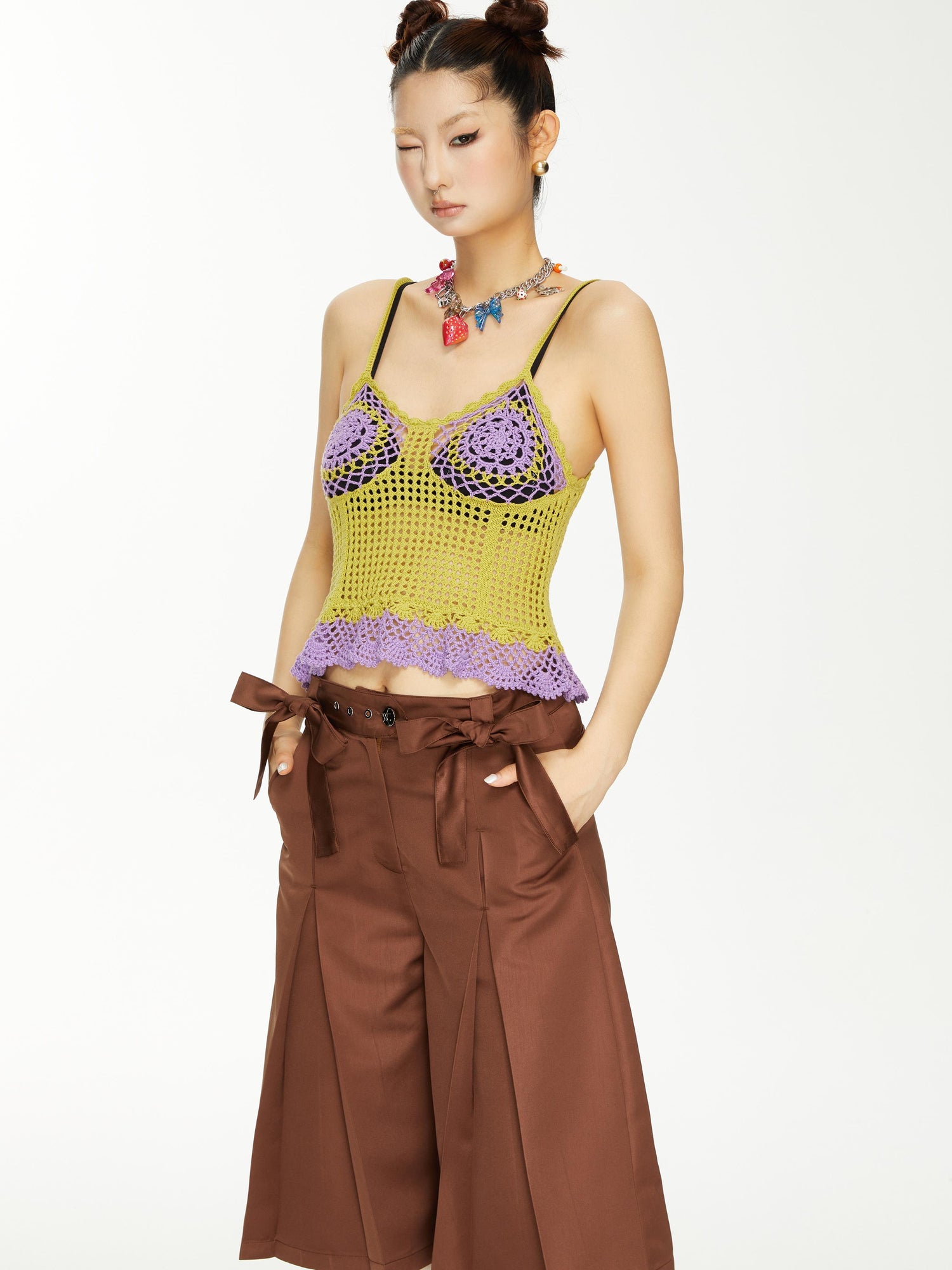 YOSHUYUKI Brown Satin Bow Pleated Trousers