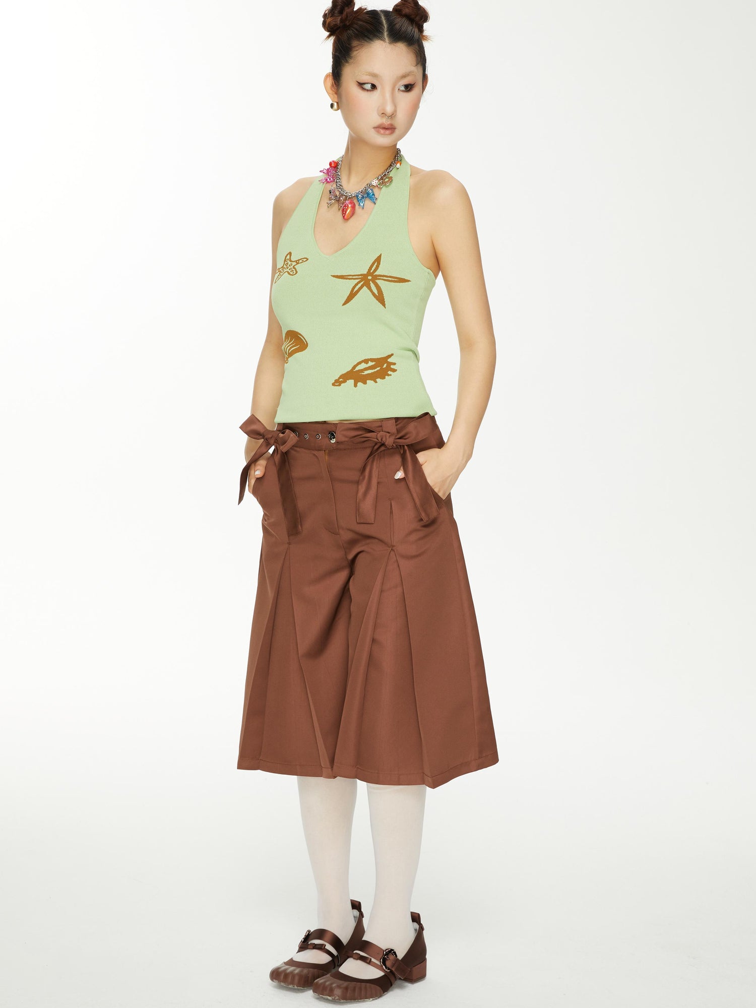 YOSHUYUKI Brown Satin Bow Pleated Trousers