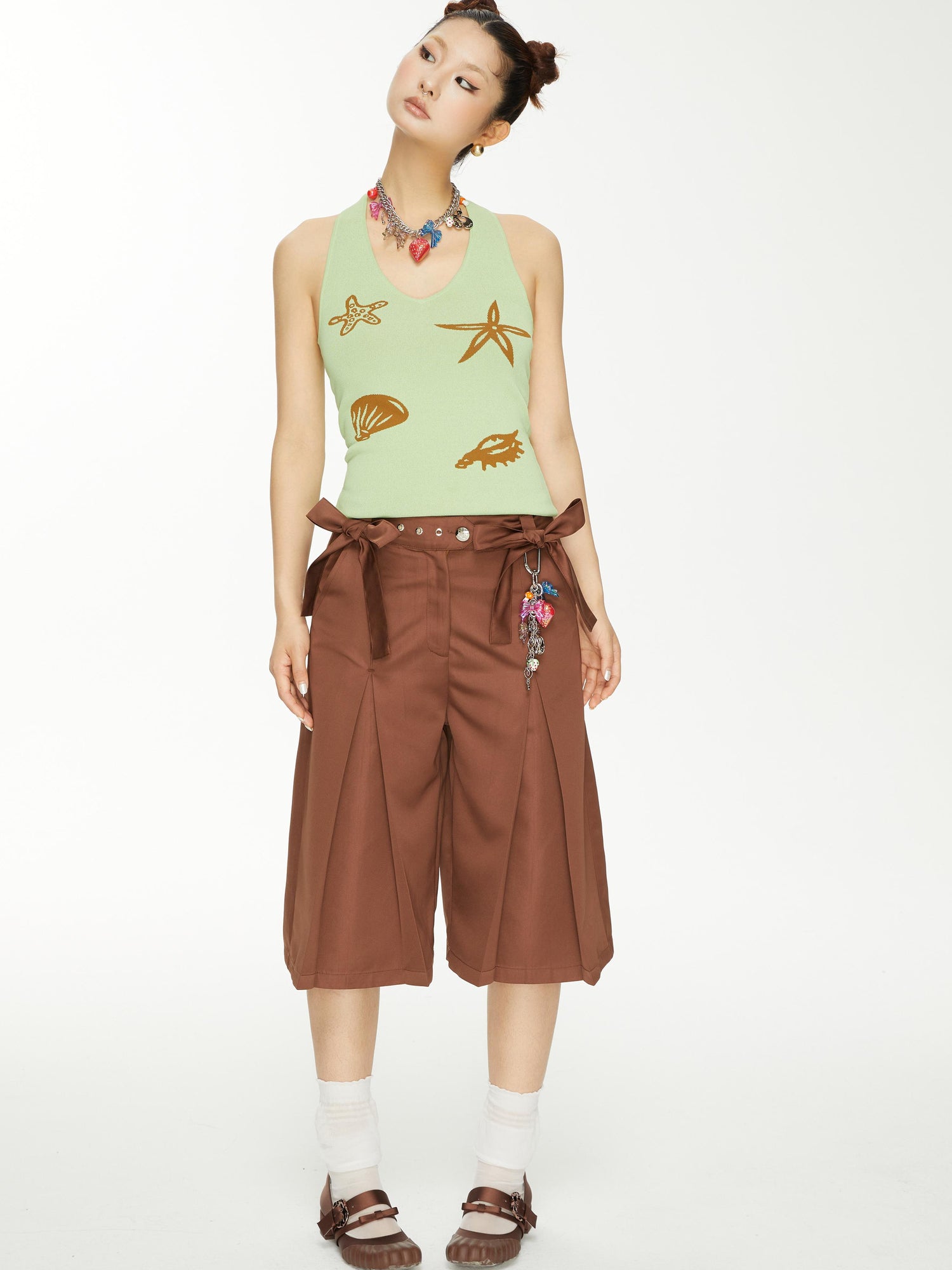 YOSHUYUKI Brown Satin Bow Pleated Trousers