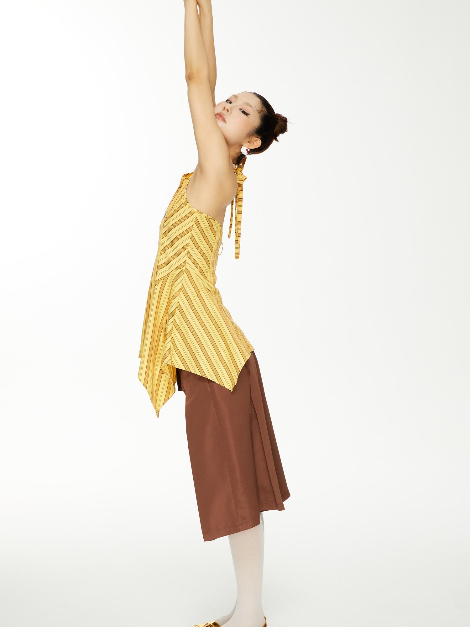 YOSHUYUKI Brown Satin Bow Pleated Trousers
