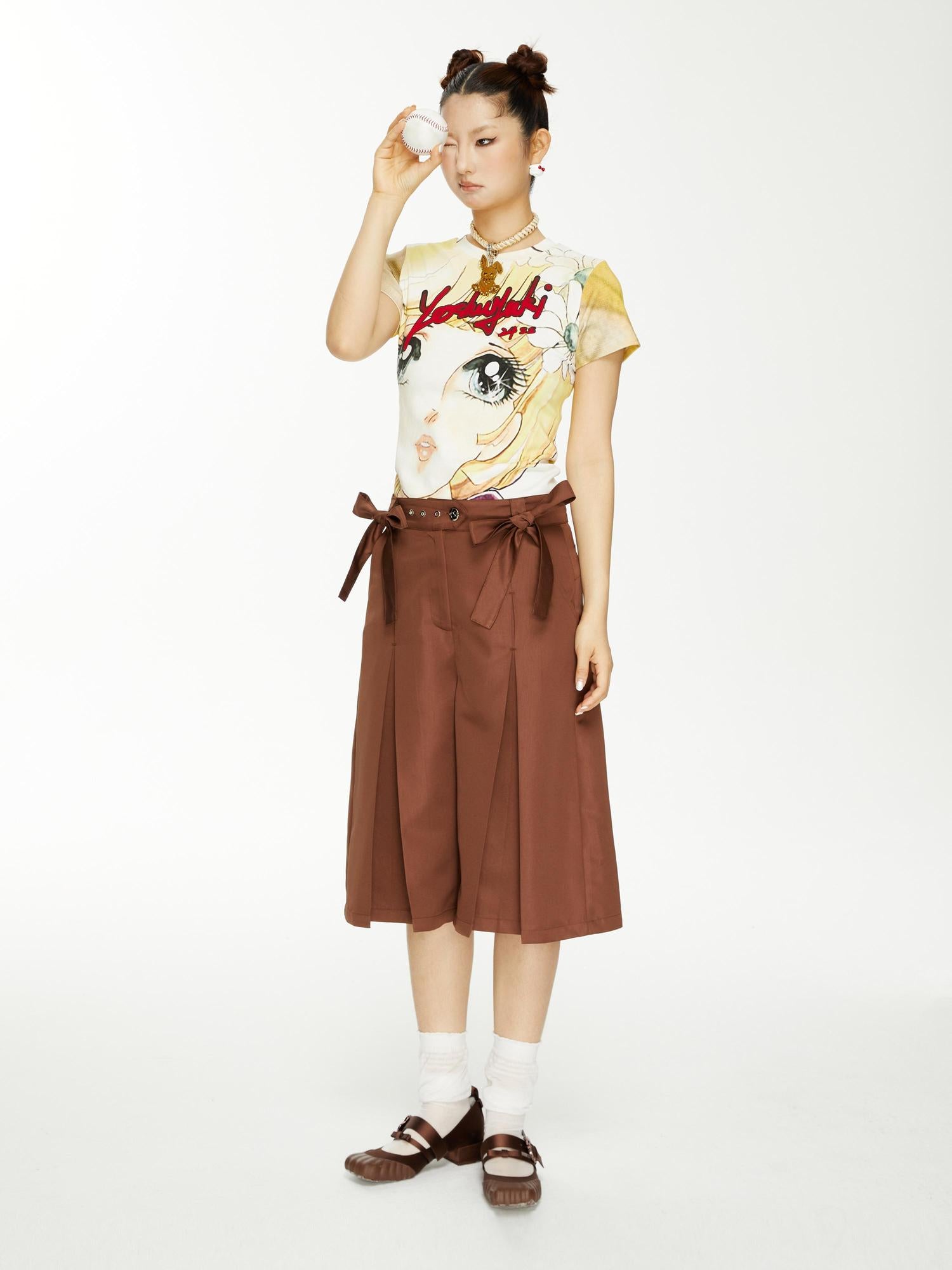 YOSHUYUKI Brown Satin Bow Pleated Trousers
