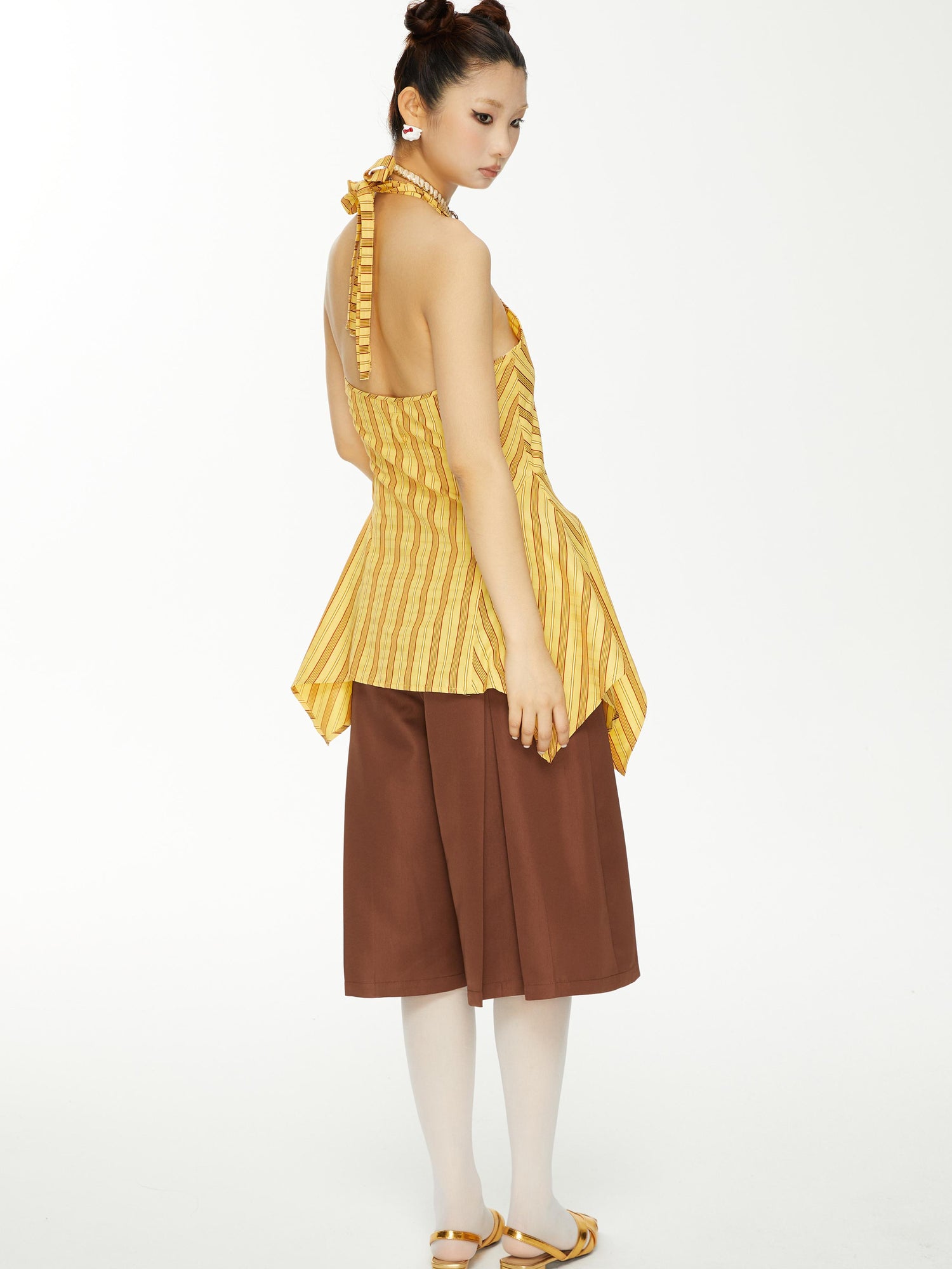 YOSHUYUKI Brown Satin Bow Pleated Trousers