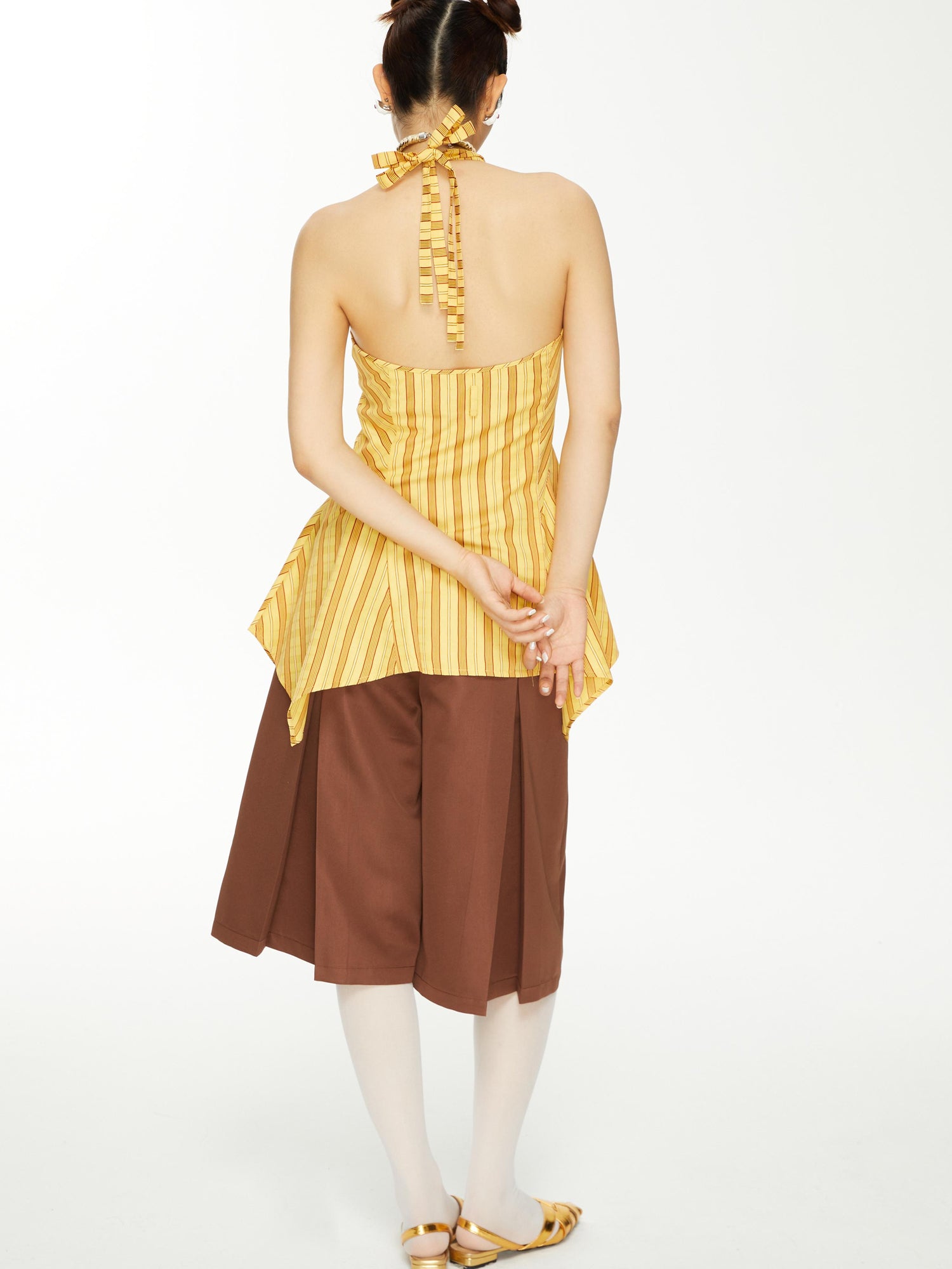 YOSHUYUKI Brown Satin Bow Pleated Trousers