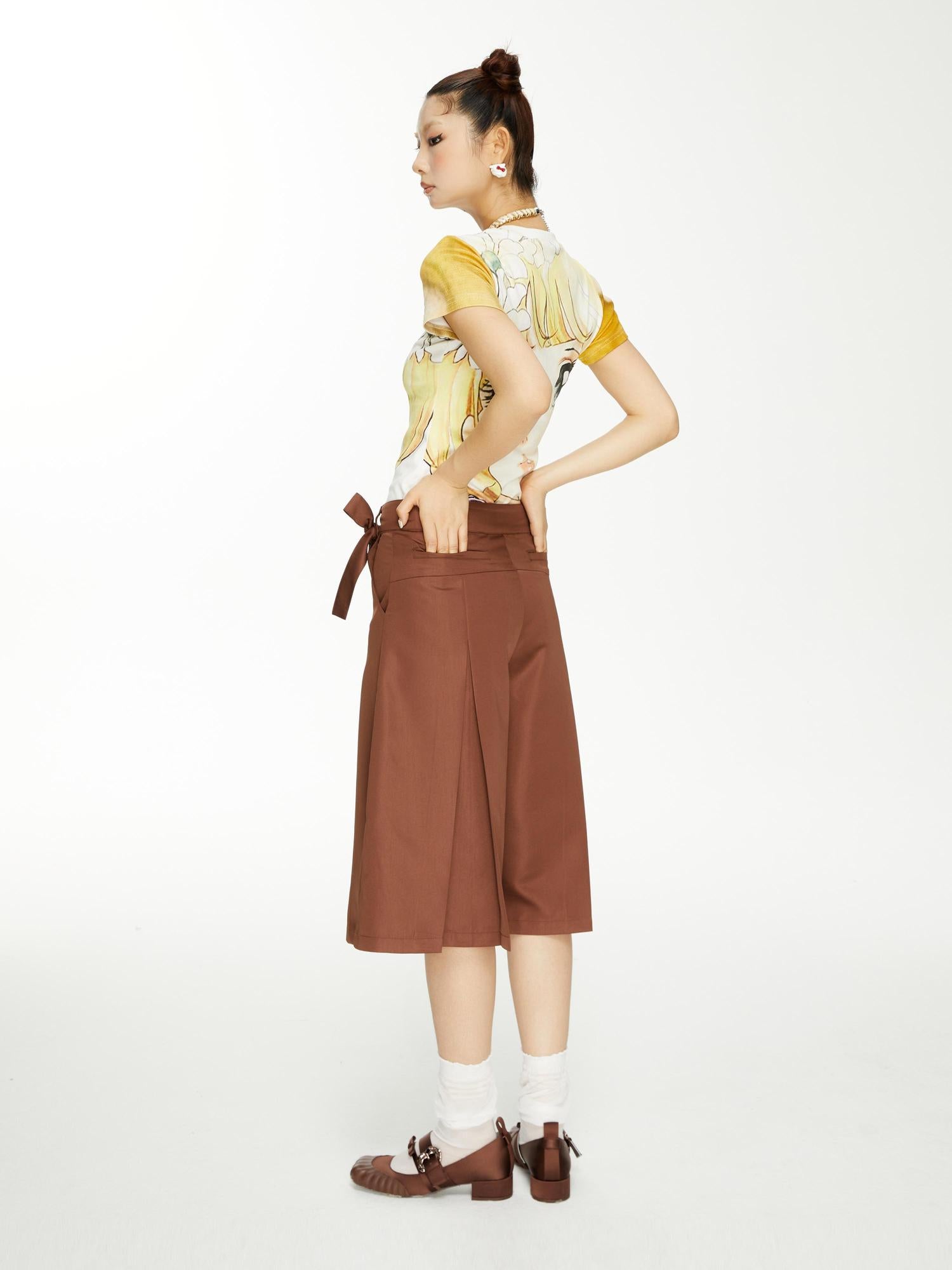 YOSHUYUKI Brown Satin Bow Pleated Trousers