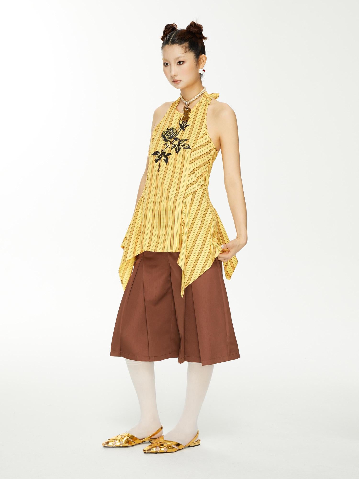 YOSHUYUKI Brown Satin Bow Pleated Trousers