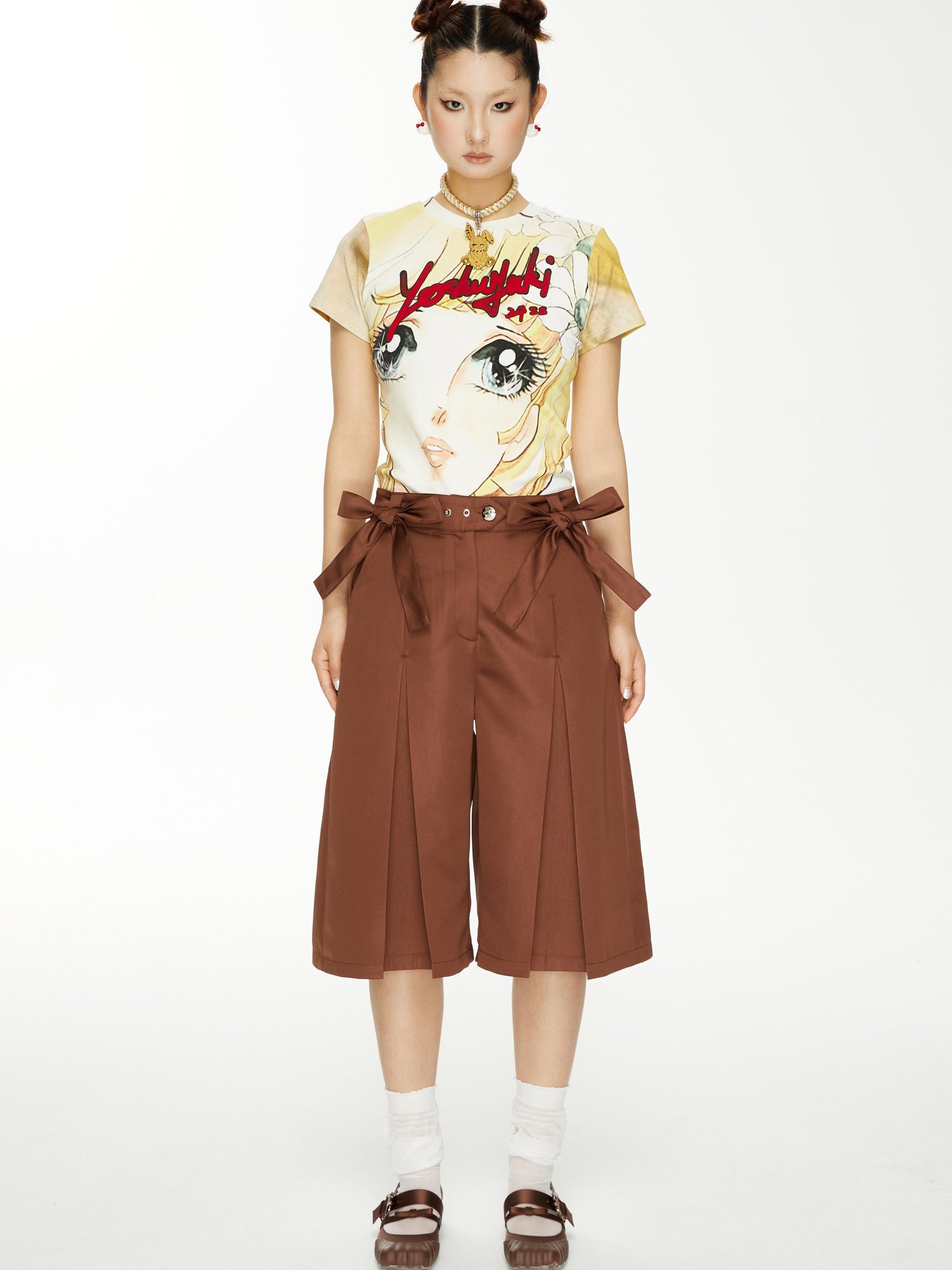 YOSHUYUKI Brown Satin Bow Pleated Trousers