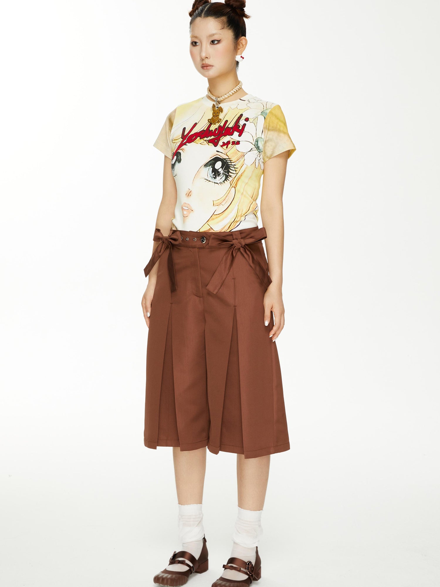 YOSHUYUKI Brown Satin Bow Pleated Trousers