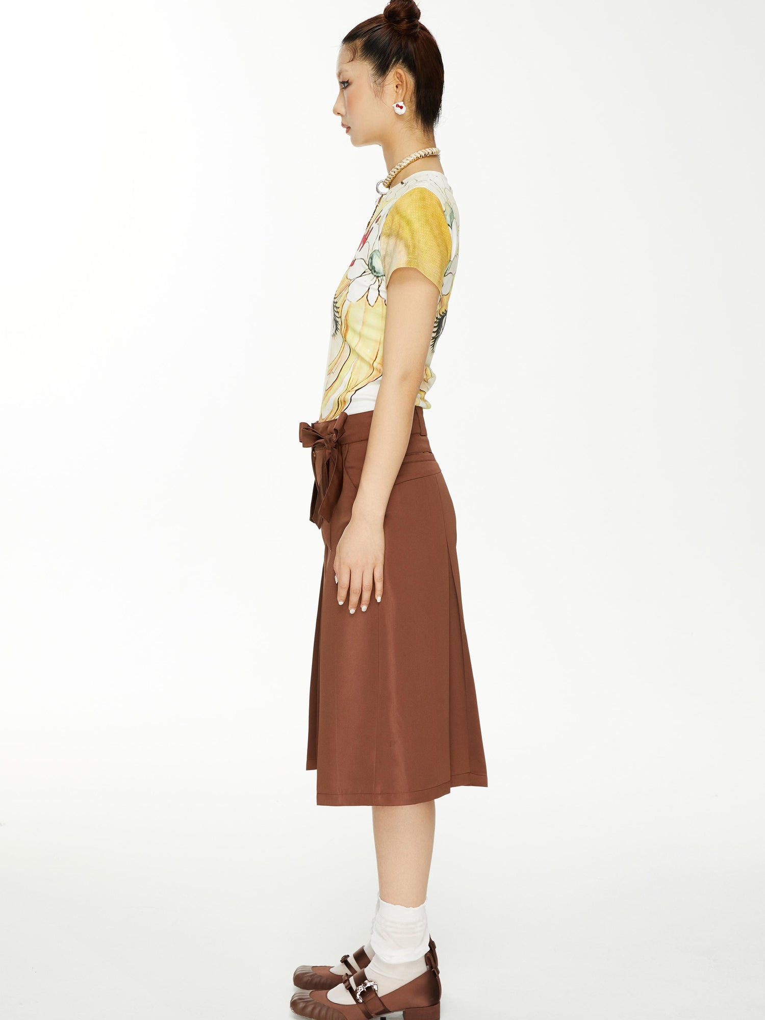 YOSHUYUKI Brown Satin Bow Pleated Trousers