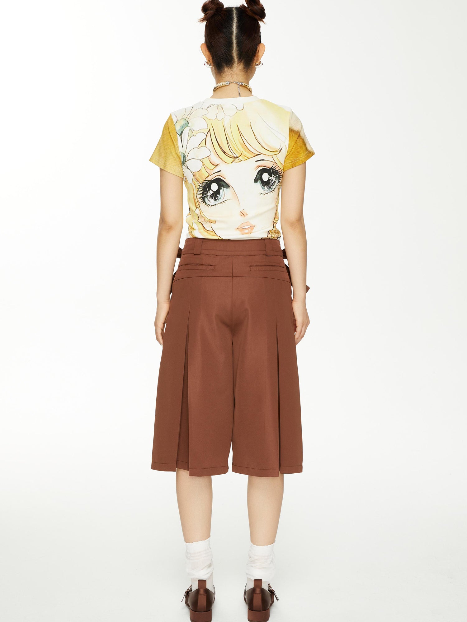 YOSHUYUKI Brown Satin Bow Pleated Trousers