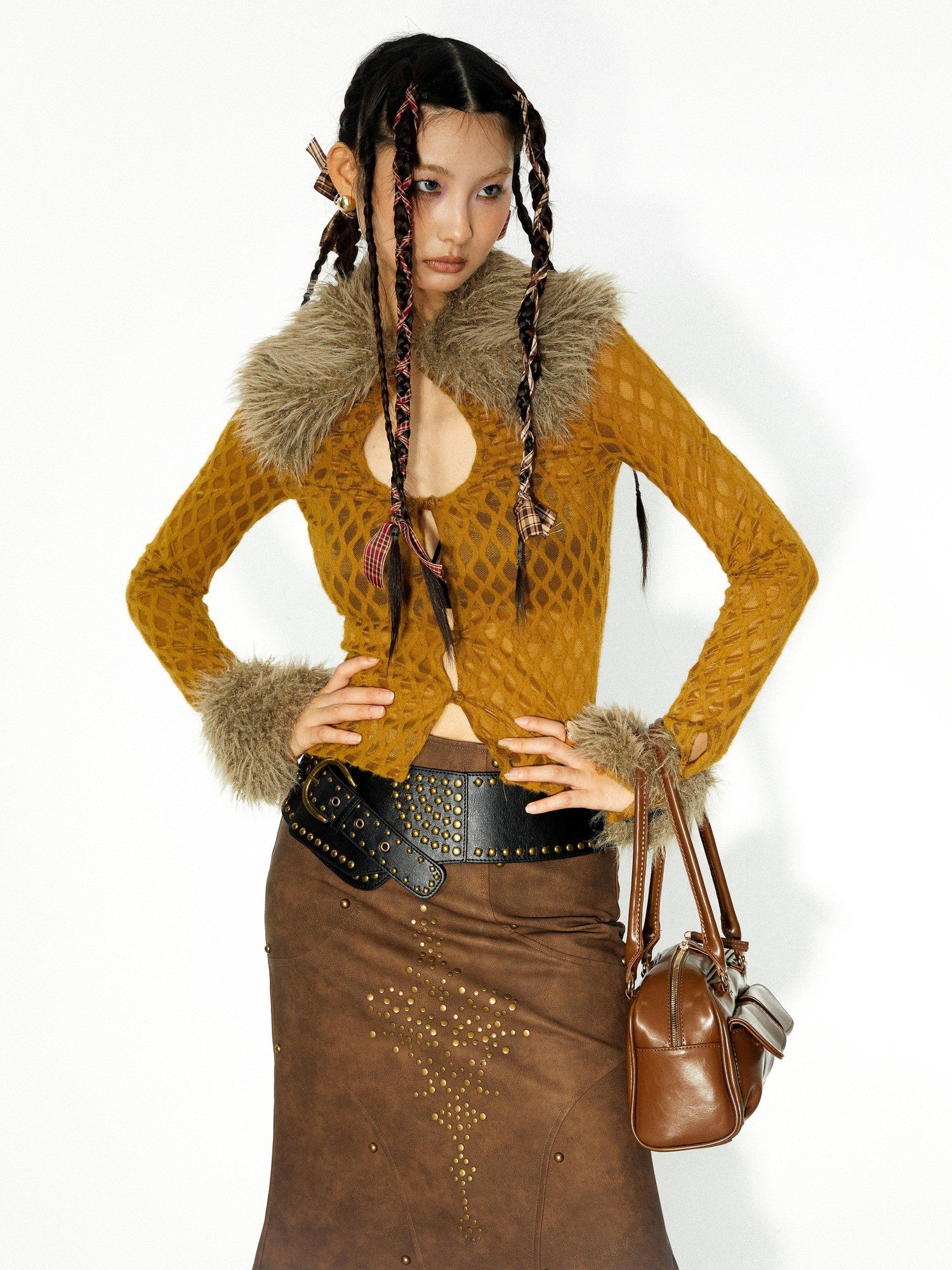 YOSHUYUKI Brown Studded Punk Fishtail Structured Women&