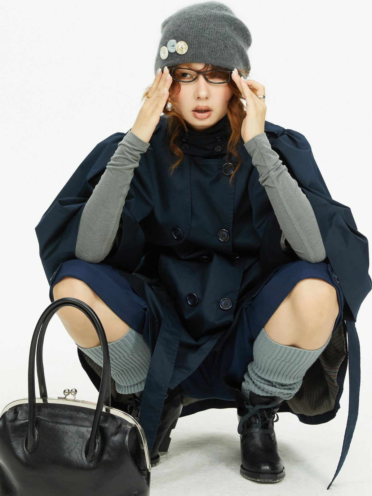 YOSHUYUKI Cape Sleeve Double Breasted Stand Collar Belted Women&