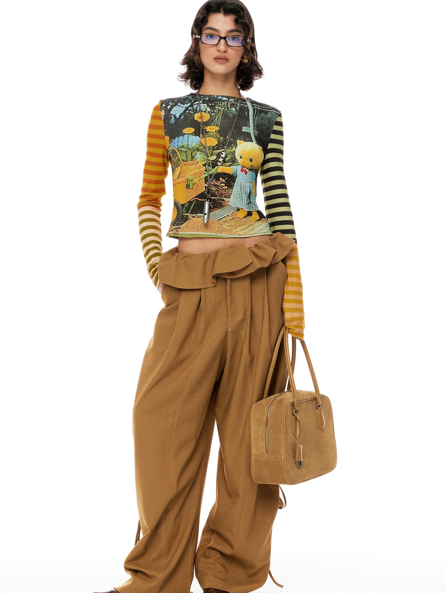 YOSHUYUKI Cat Garden Print Tee With Green Yellow Striped Sleeves V Neck T Shirt Long Sleeve