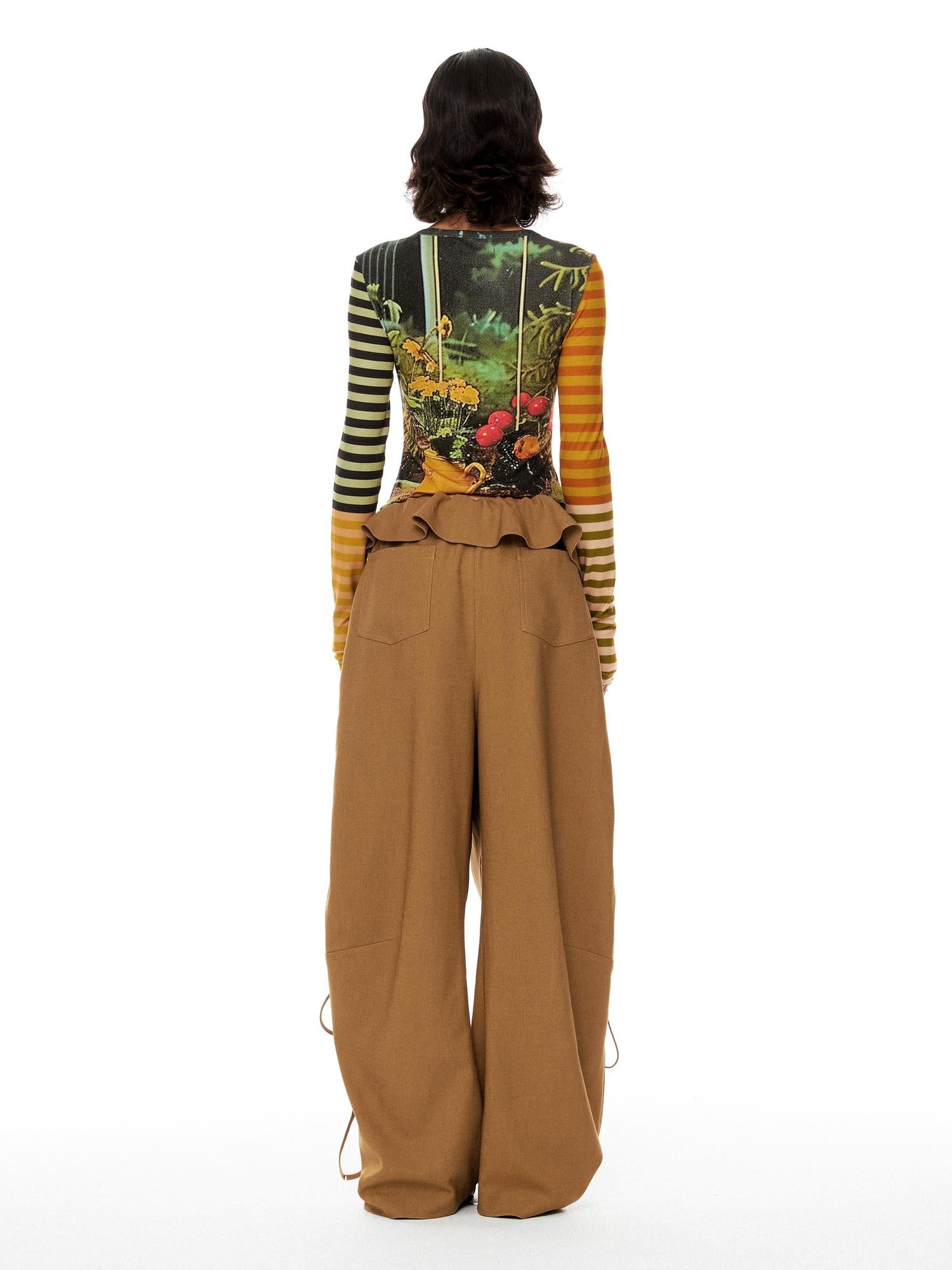 YOSHUYUKI Cat Garden Print Tee With Green Yellow Striped Sleeves V Neck T Shirt Long Sleeve