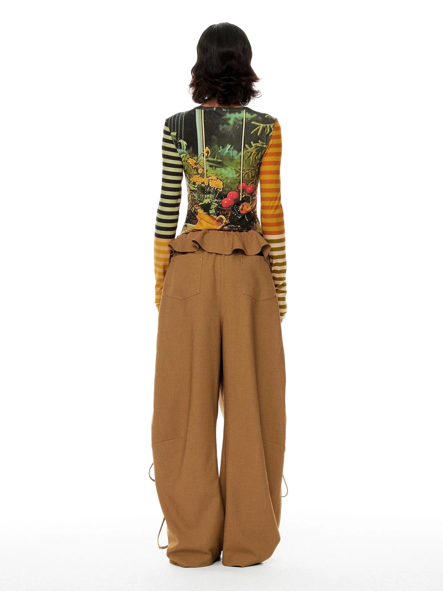 Cat Garden Print Tee With Green Yellow Striped Sleeves V Neck T Shirt Long Sleeve