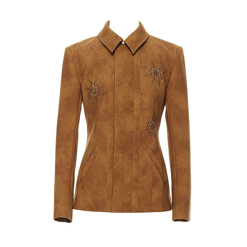 YOSHUYUKI_Chestnut_Suede_Rhinestone_Waist_Cinch_Slim_Blazer_Women&