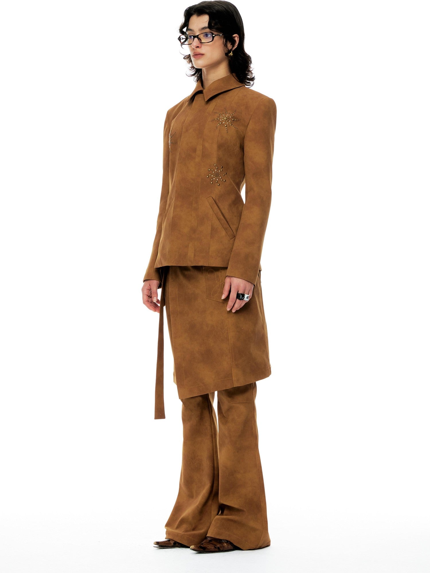 YOSHUYUKI Chestnut Suede Rhinestone Waist Cinch Slim Blazer Women&