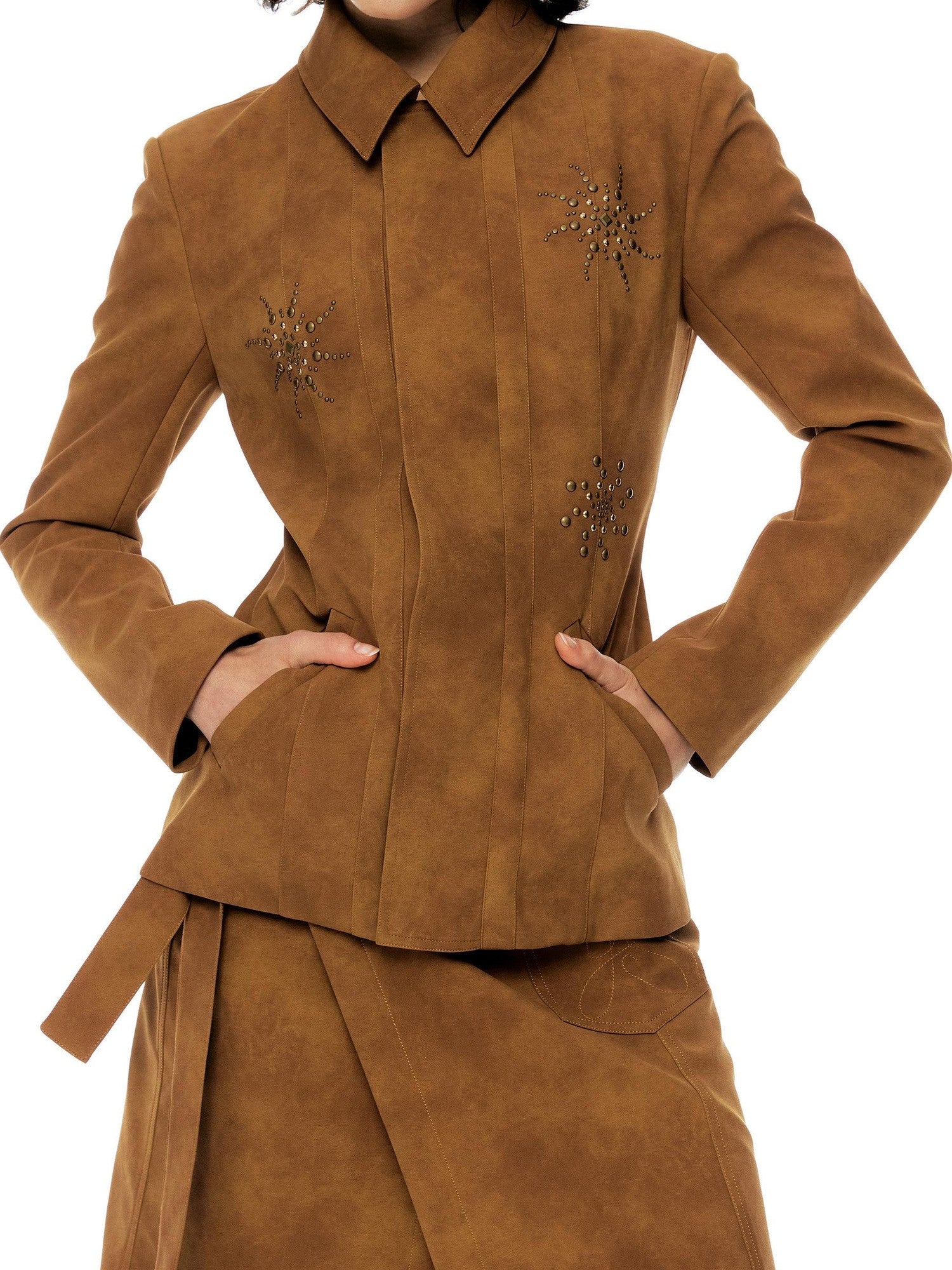 YOSHUYUKI Chestnut Suede Rhinestone Waist Cinch Slim Blazer Women&