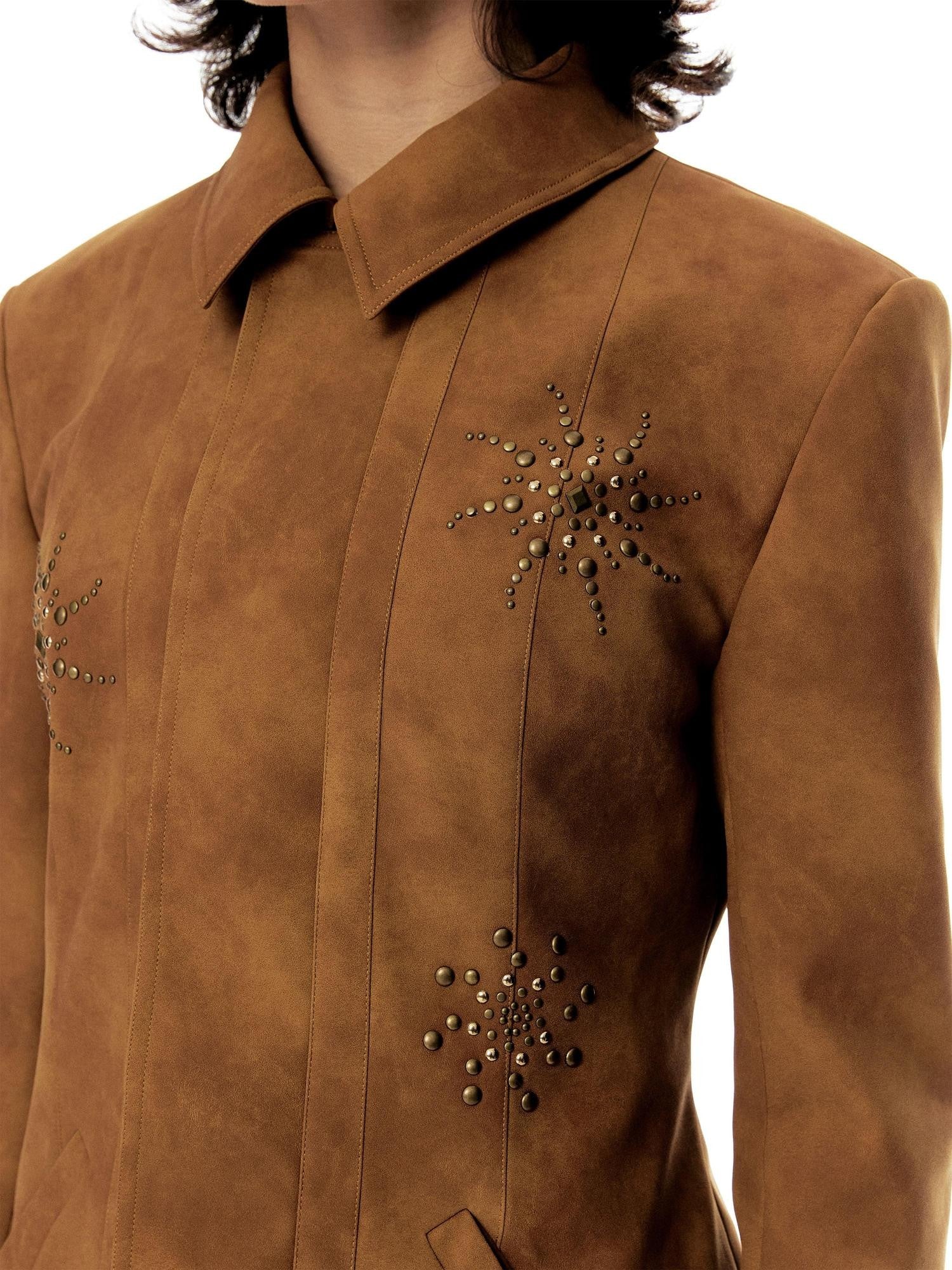 YOSHUYUKI Chestnut Suede Rhinestone Waist Cinch Slim Blazer Women&