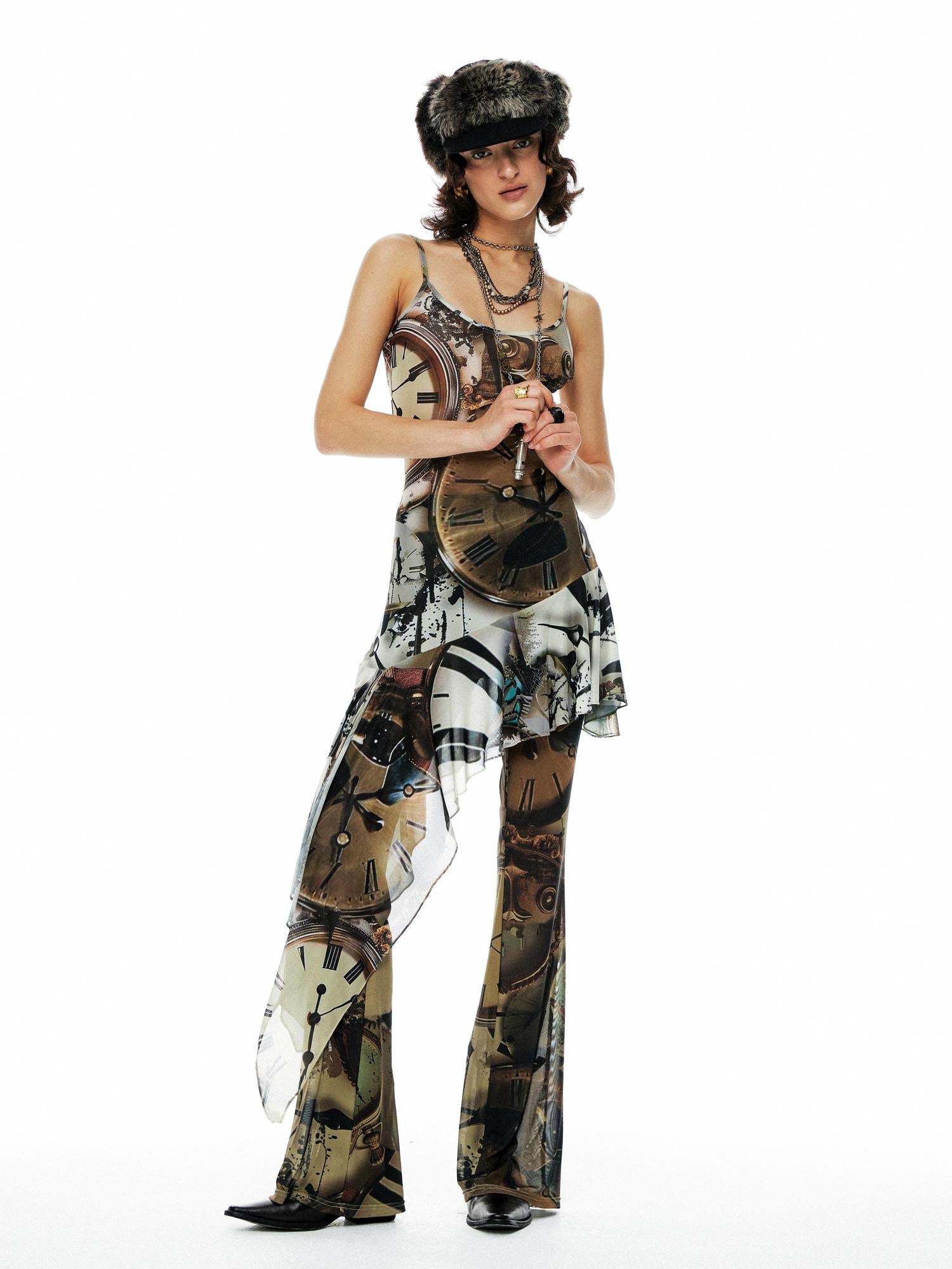 YOSHUYUKI Clock Print Mesh Slip Dress Asymmetric Hem Sheer V-Neck T-Shirt Long-Sleeve