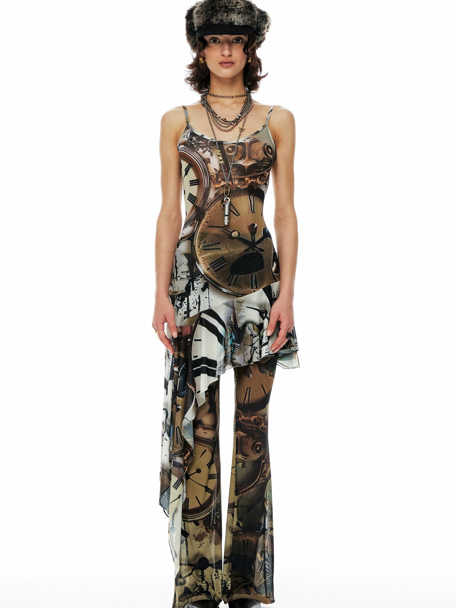 YOSHUYUKI Clock Print Mesh Slip Dress Asymmetric Hem Sheer V-Neck T-Shirt Long-Sleeve