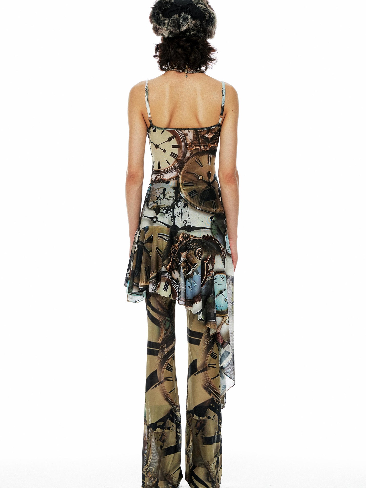 YOSHUYUKI Clock Print Mesh Slip Dress Asymmetric Hem Sheer V-Neck T-Shirt Long-Sleeve