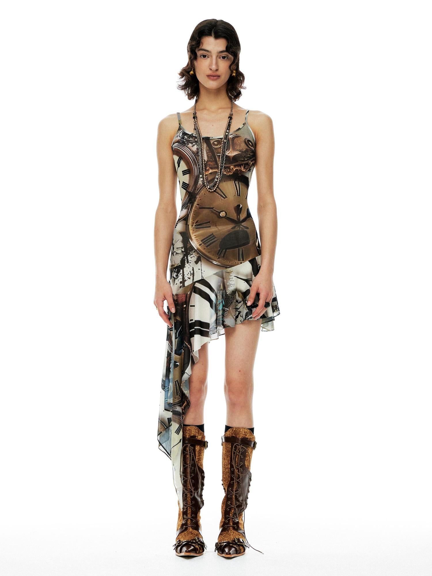 YOSHUYUKI Clock Print Mesh Slip Dress Asymmetric Hem Sheer V-Neck T-Shirt Long-Sleeve