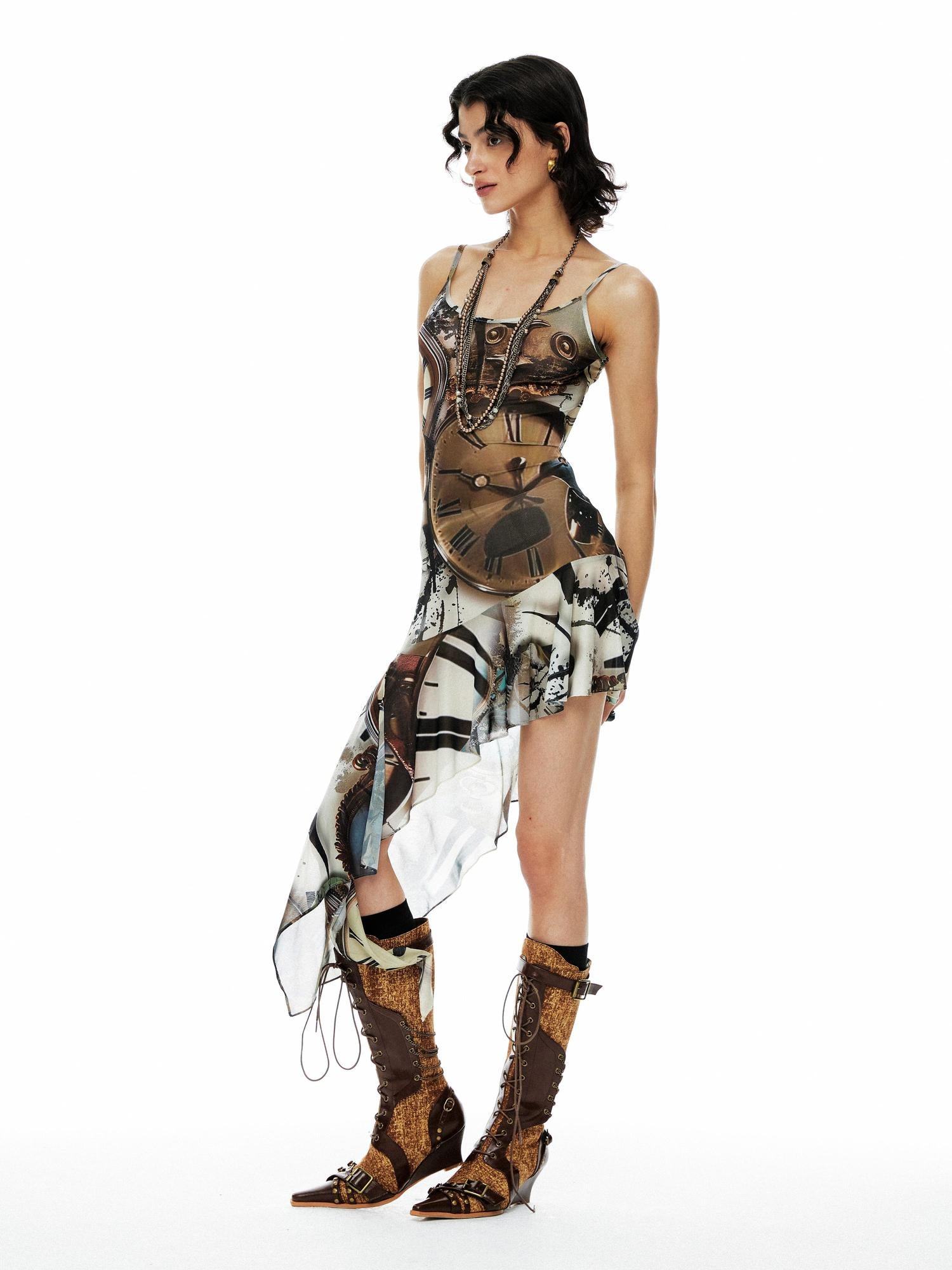 YOSHUYUKI Clock Print Mesh Slip Dress Asymmetric Hem Sheer V-Neck T-Shirt Long-Sleeve