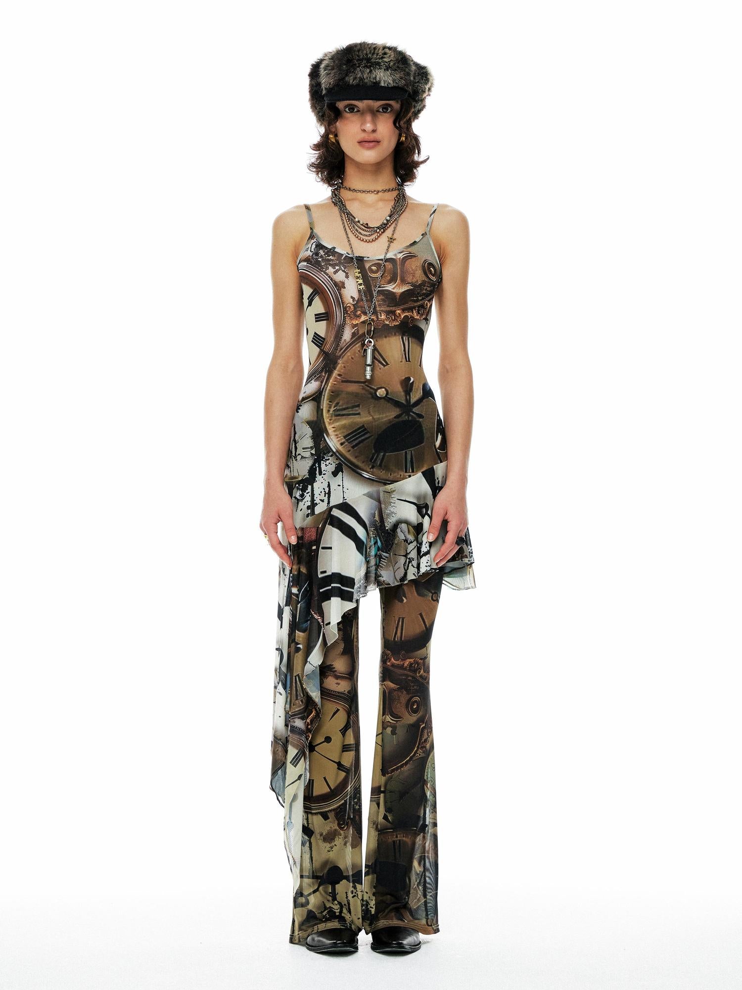 YOSHUYUKI Clock Print Mesh Slip Dress Asymmetric Hem Sheer V-Neck T-Shirt Long-Sleeve
