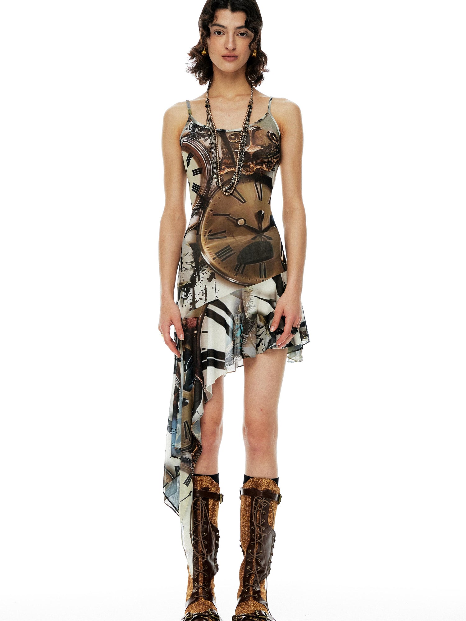 YOSHUYUKI Clock Print Mesh Slip Dress Asymmetric Hem Sheer V-Neck T-Shirt Long-Sleeve